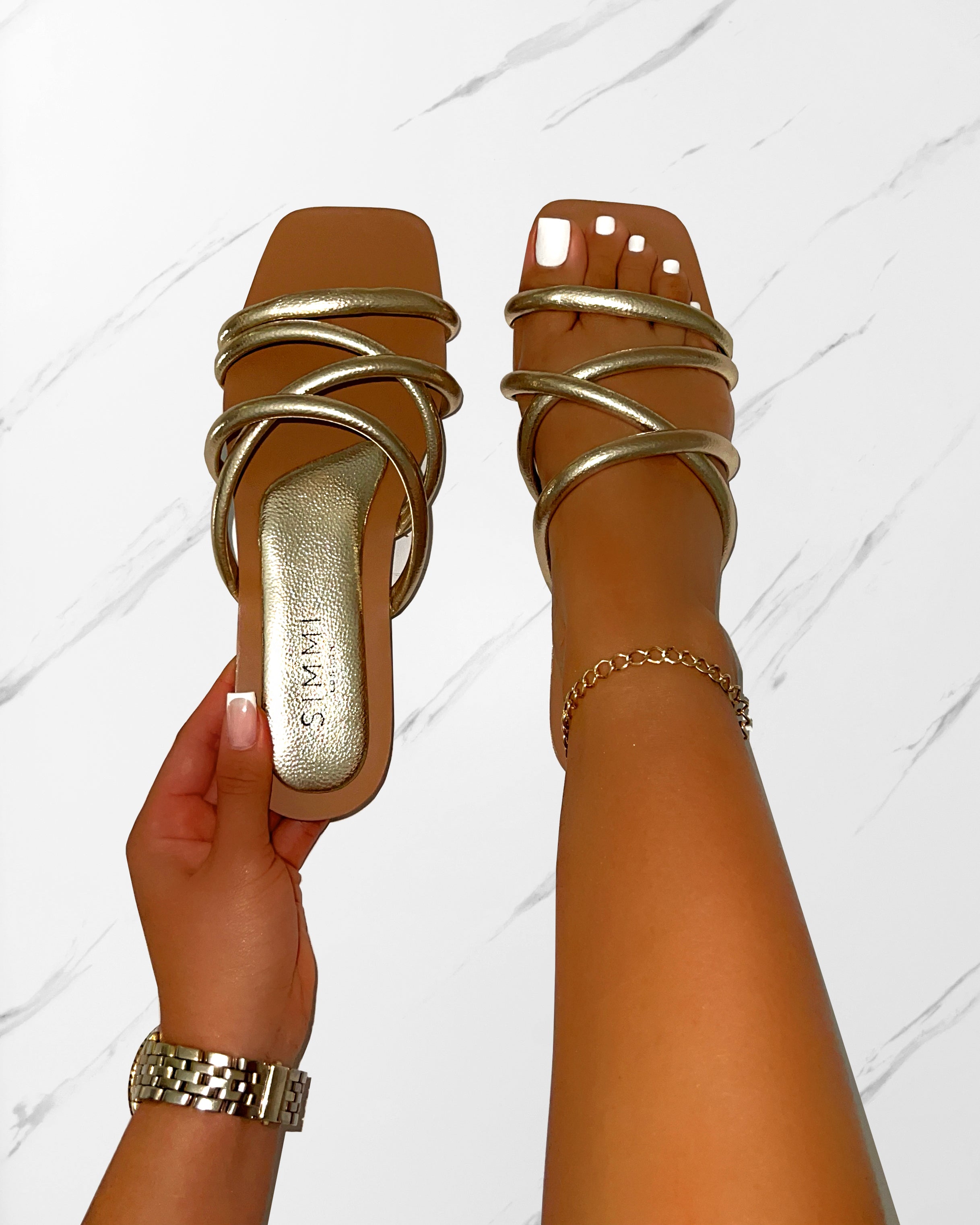 Joelley Gold Metallic Strappy Flat Slides | SIMMI London