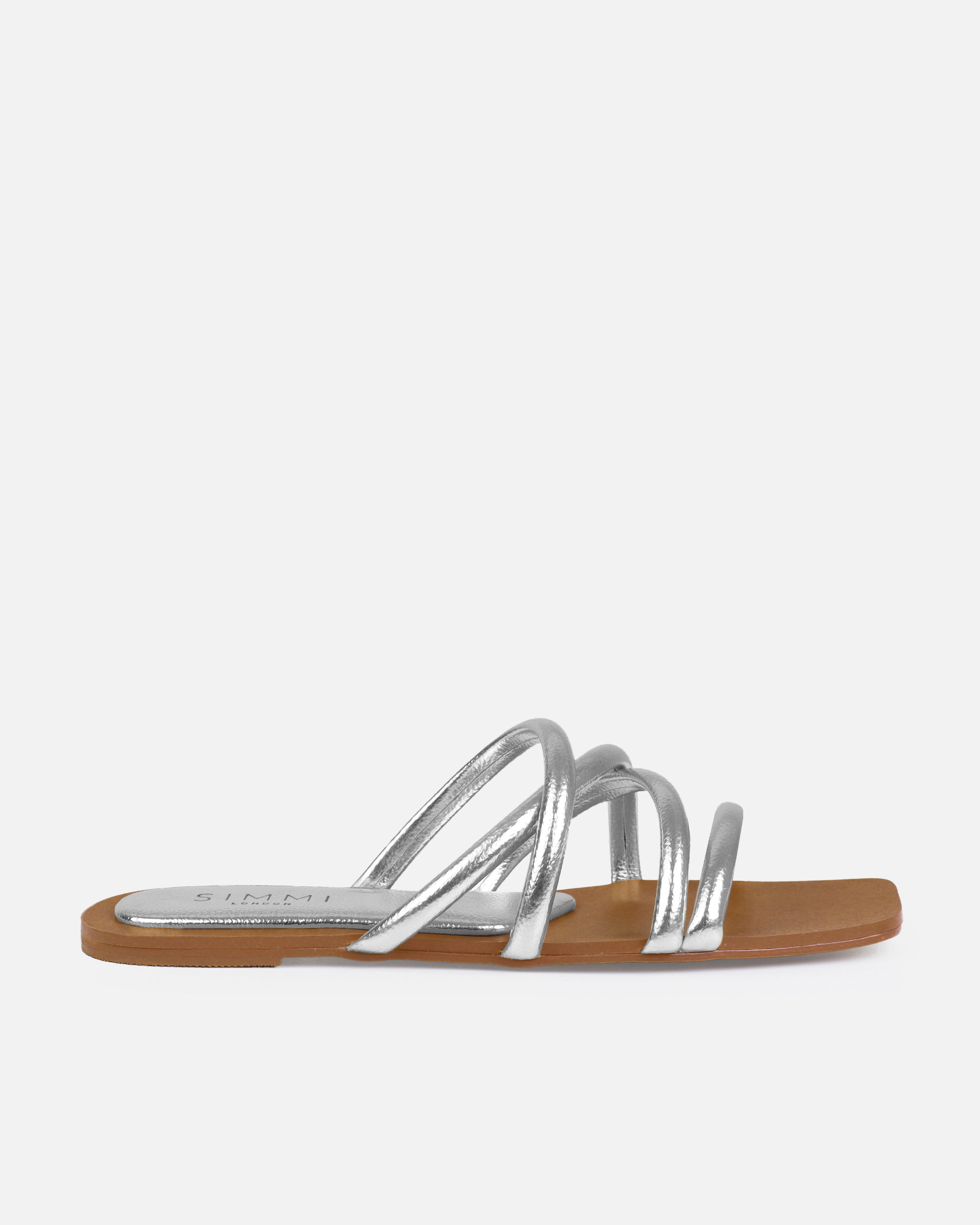 Joelley Silver Metallic Strappy Flat Slides | SIMMI London