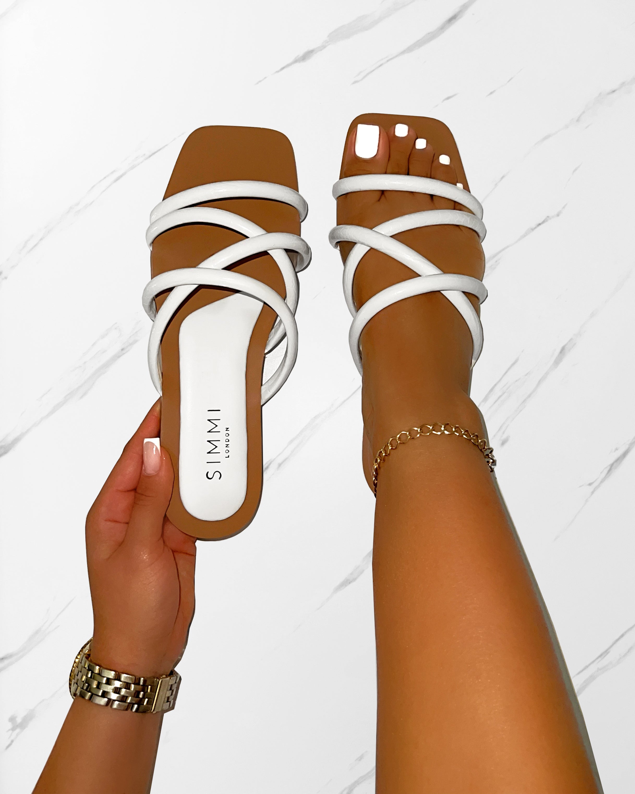 Joelley White Faux Croc Print Strappy Flat Slides | SIMMI London