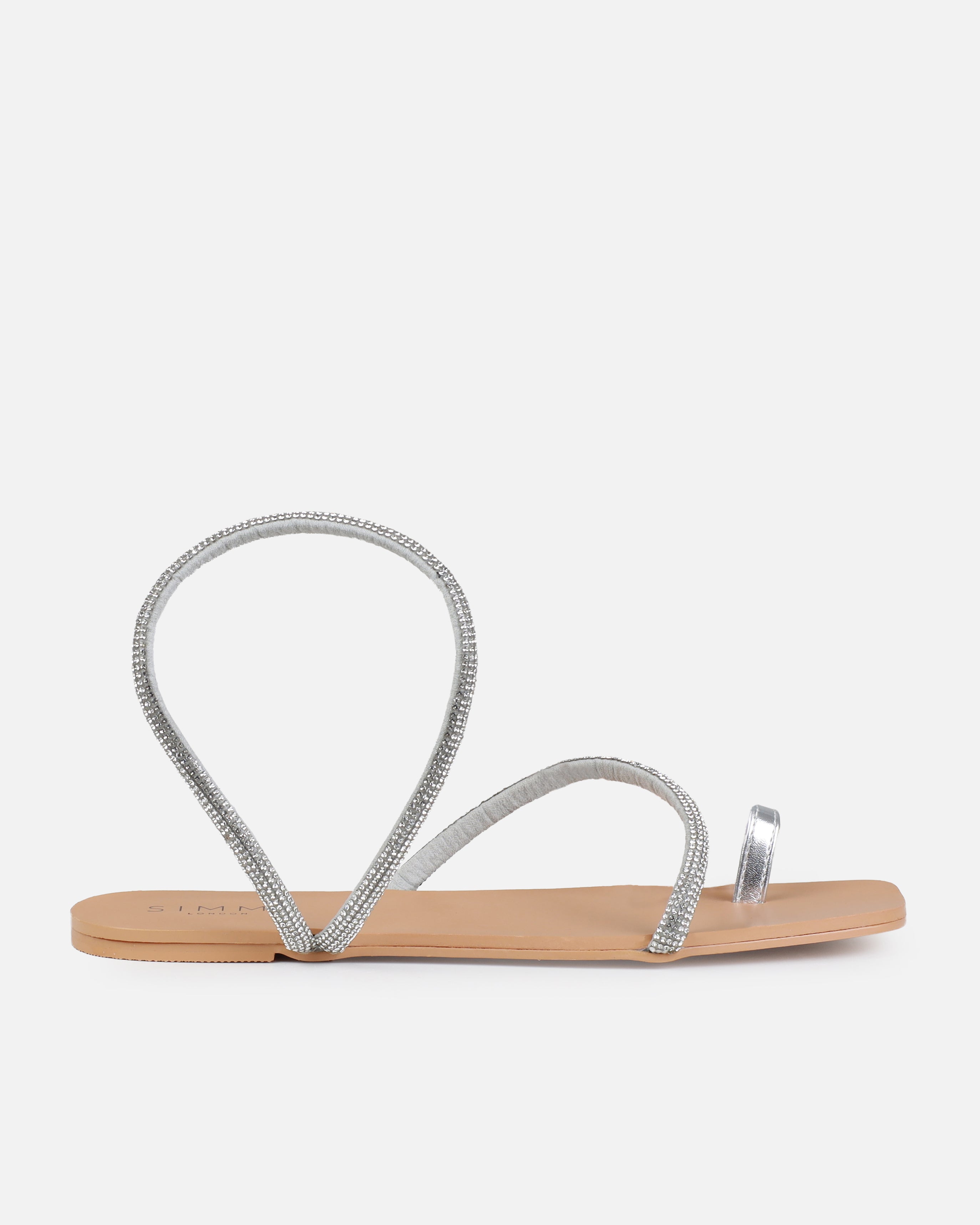 Orenda Silver Diamante Toe Loop Flat Sandals | SIMMI London