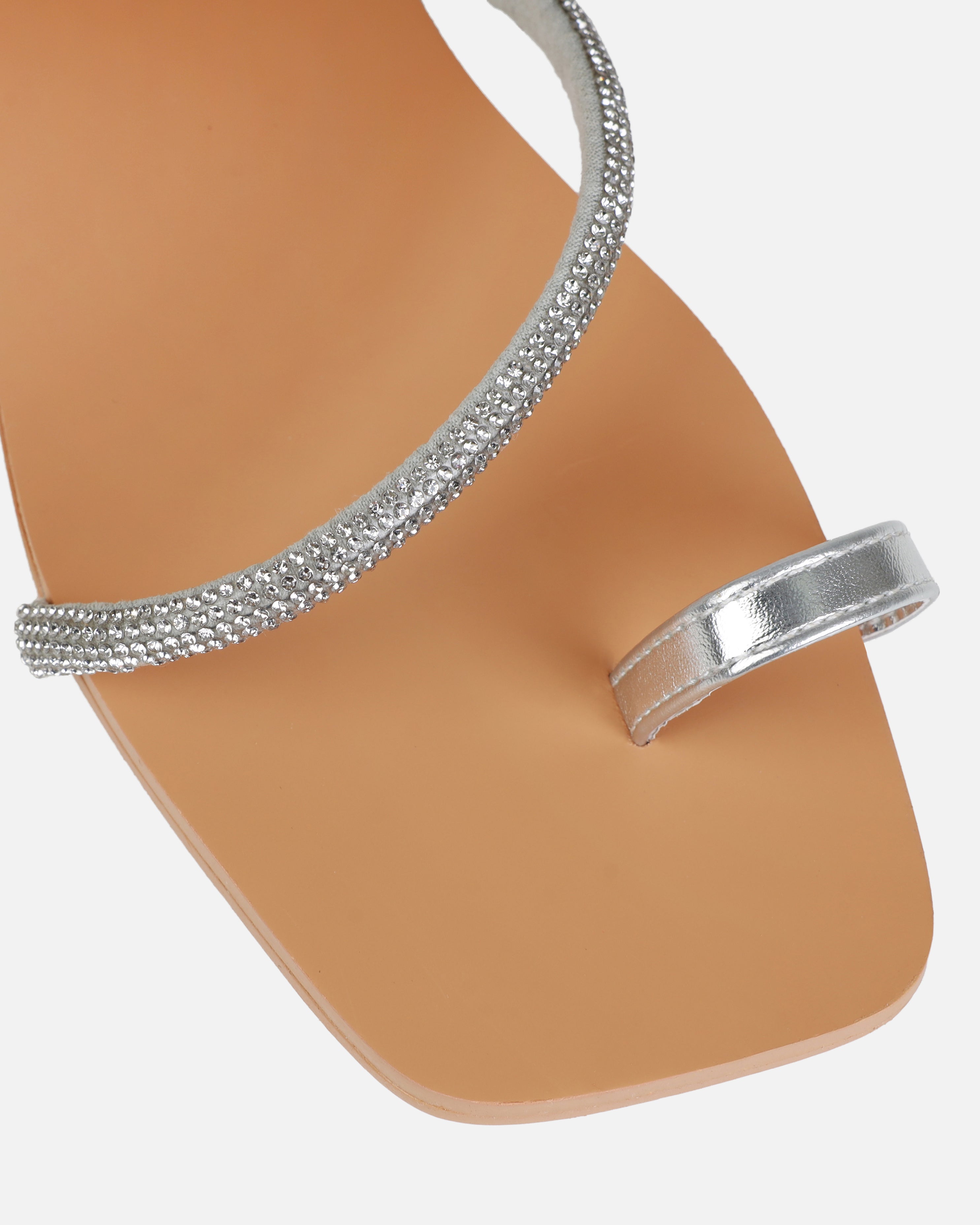 Orenda Silver Diamante Toe Loop Flat Sandals | SIMMI London