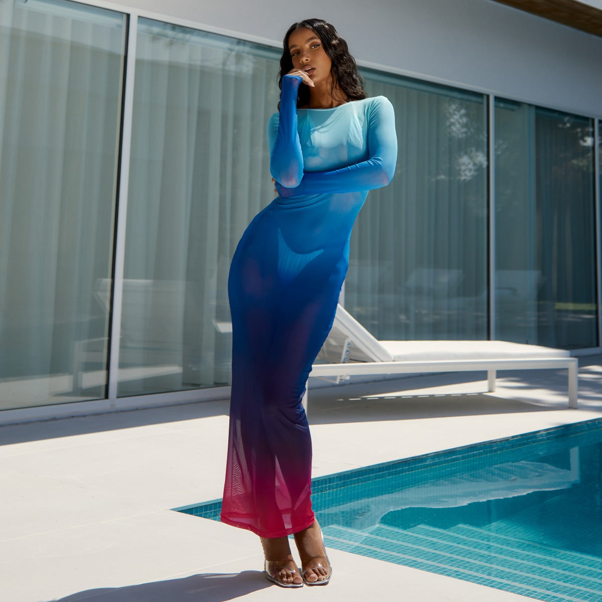 Spritz Blue Pink Ombre Backless Mesh Maxi Dress | SIMMI London