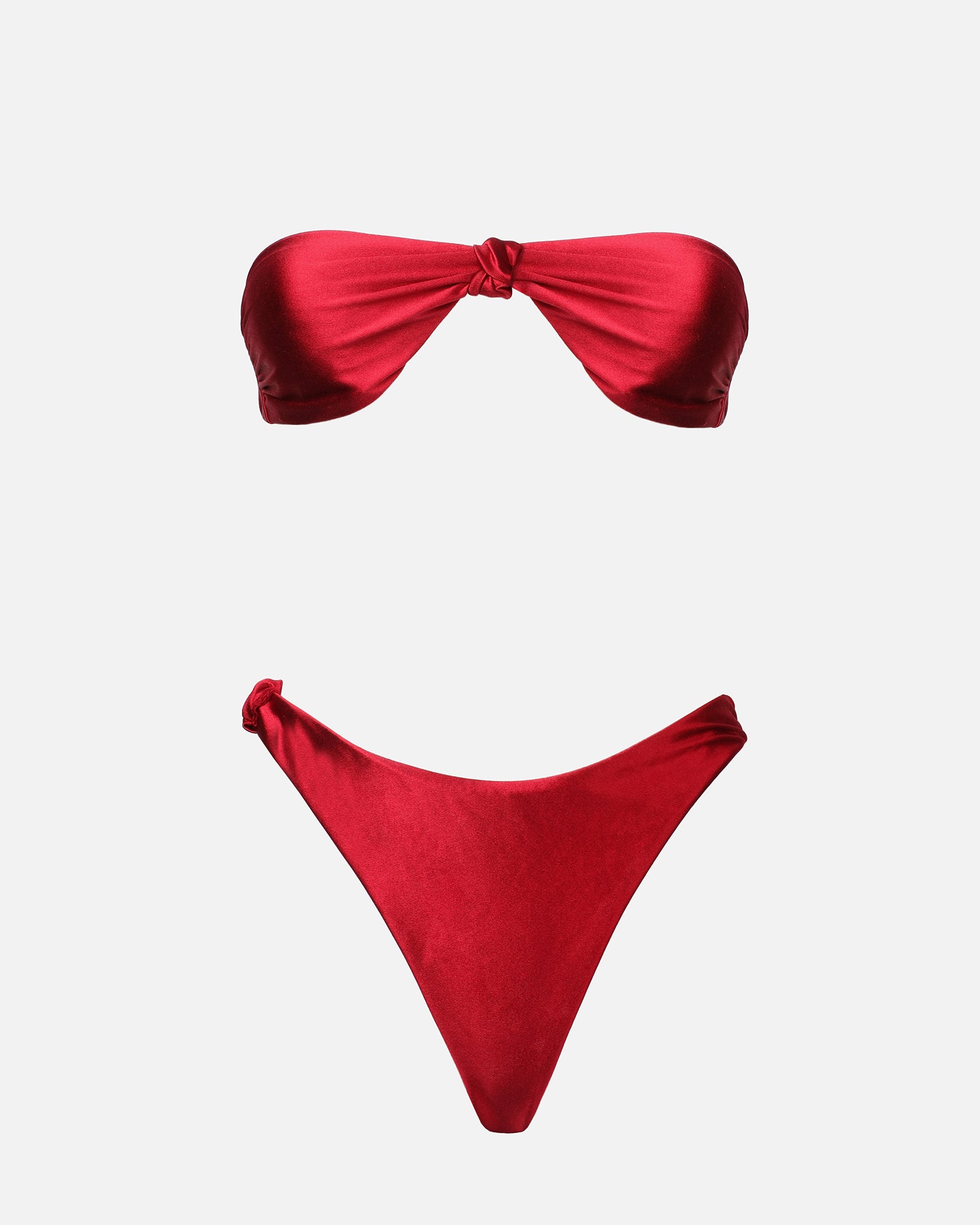 SONARA DEEP RED SATIN KNOT DETAIL BIKINI SET | SIMMI London