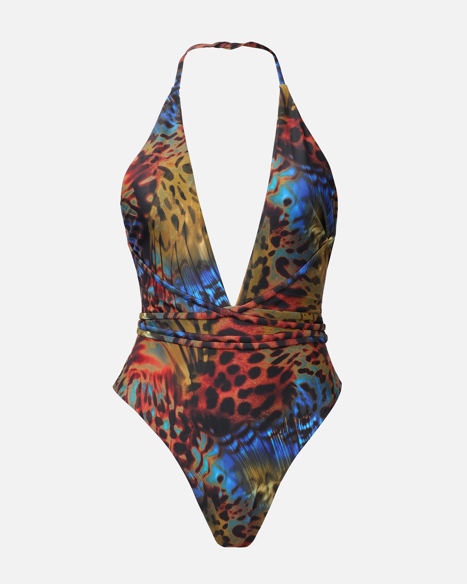 MICA BUTTERFLY PRINT PLUNGE CROSS BACK STRAPPY TIE WAIST SWIMSUIT | SIMMI London