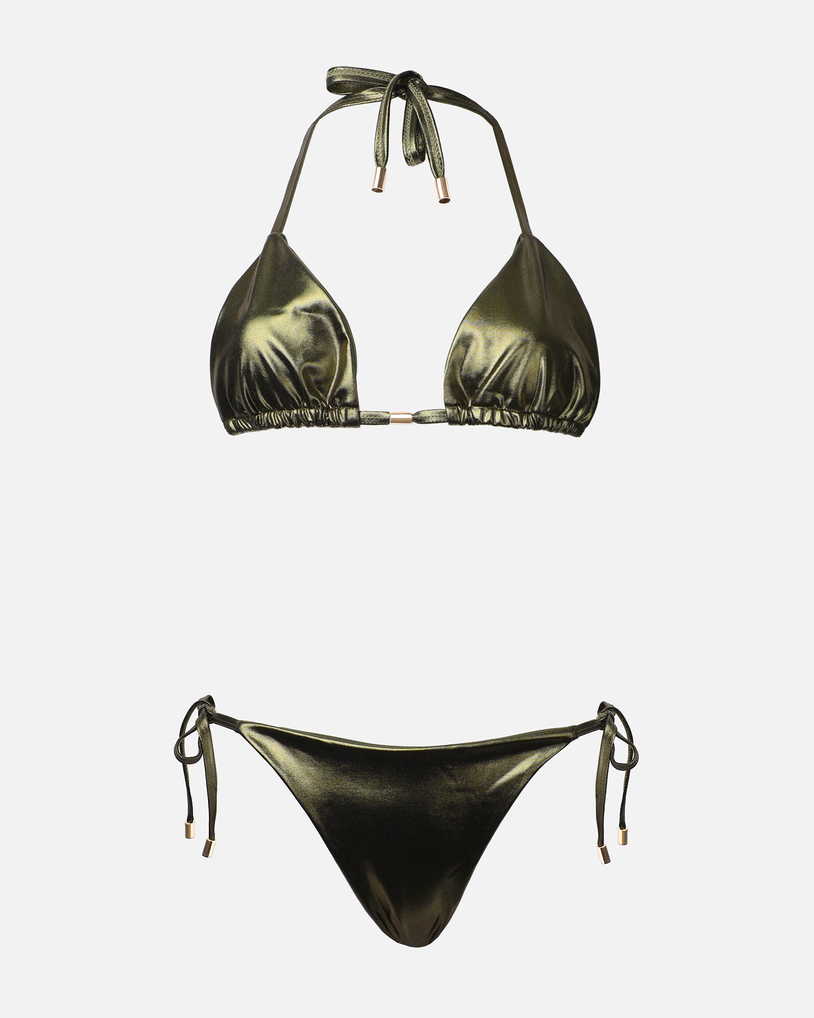 AMINA KHAKI METALLIC TRIANGLE BIKINI SET | SIMMI London