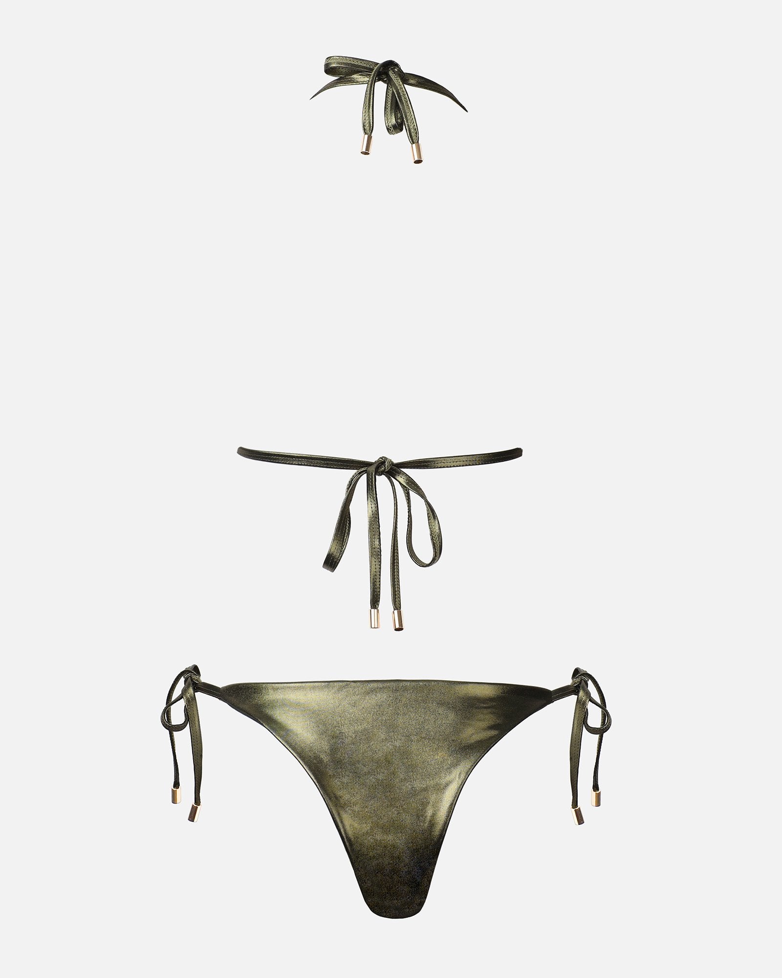 AMINA KHAKI METALLIC TRIANGLE BIKINI SET | SIMMI London