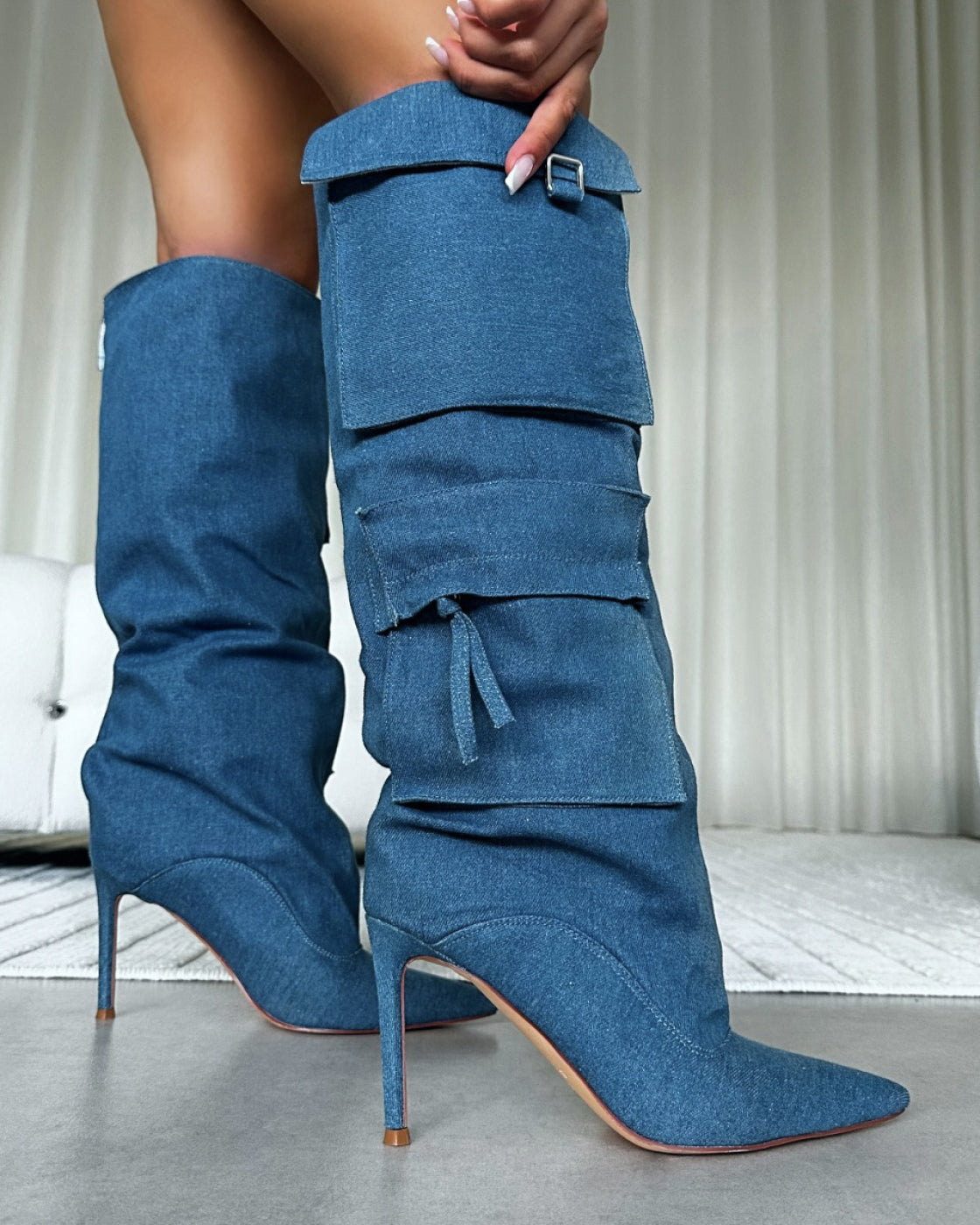 Stan Blue Denim Cargo Stiletto Boots | SIMMI London