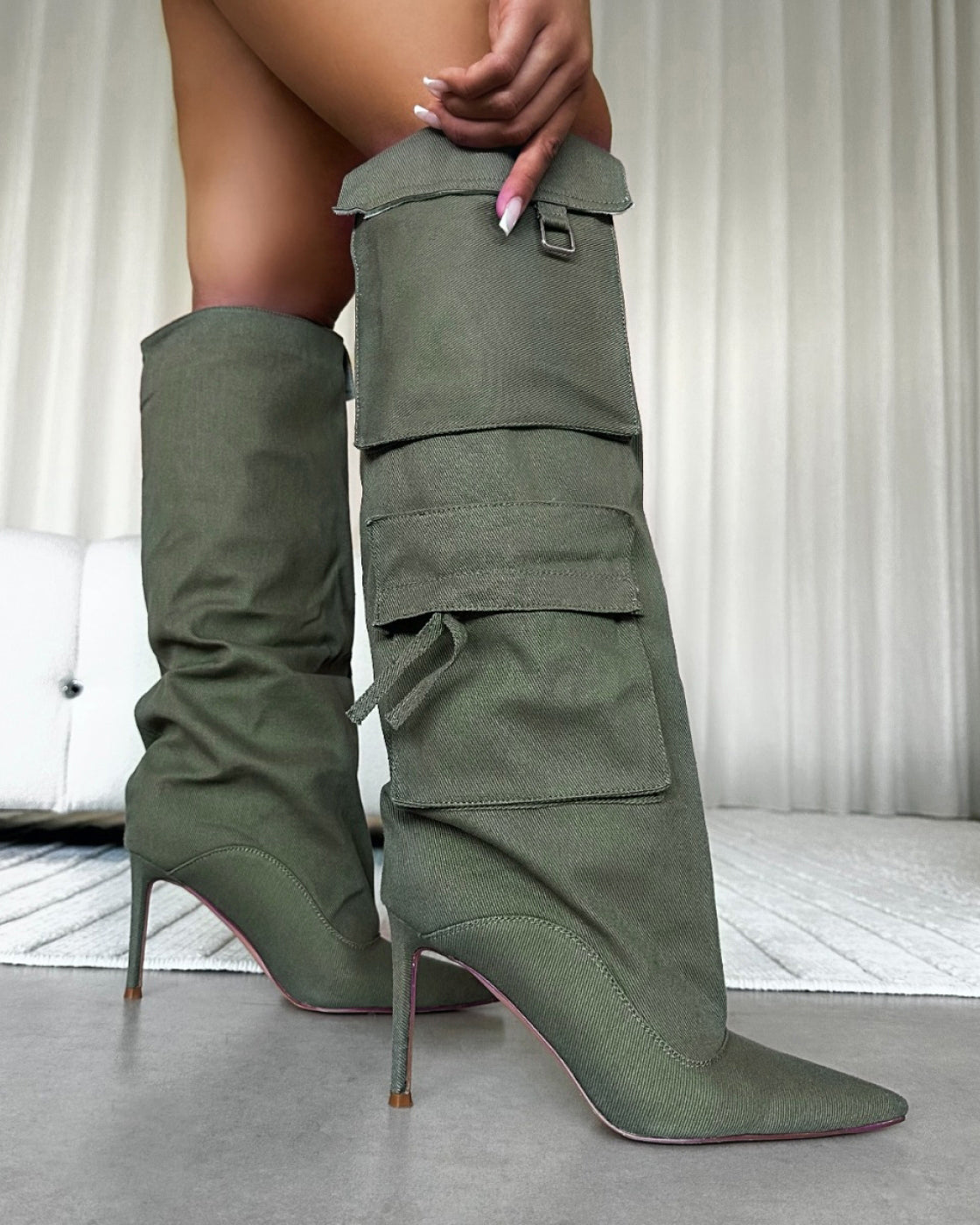 Stan Khaki Canvas Cargo Stiletto Boots | SIMMI London