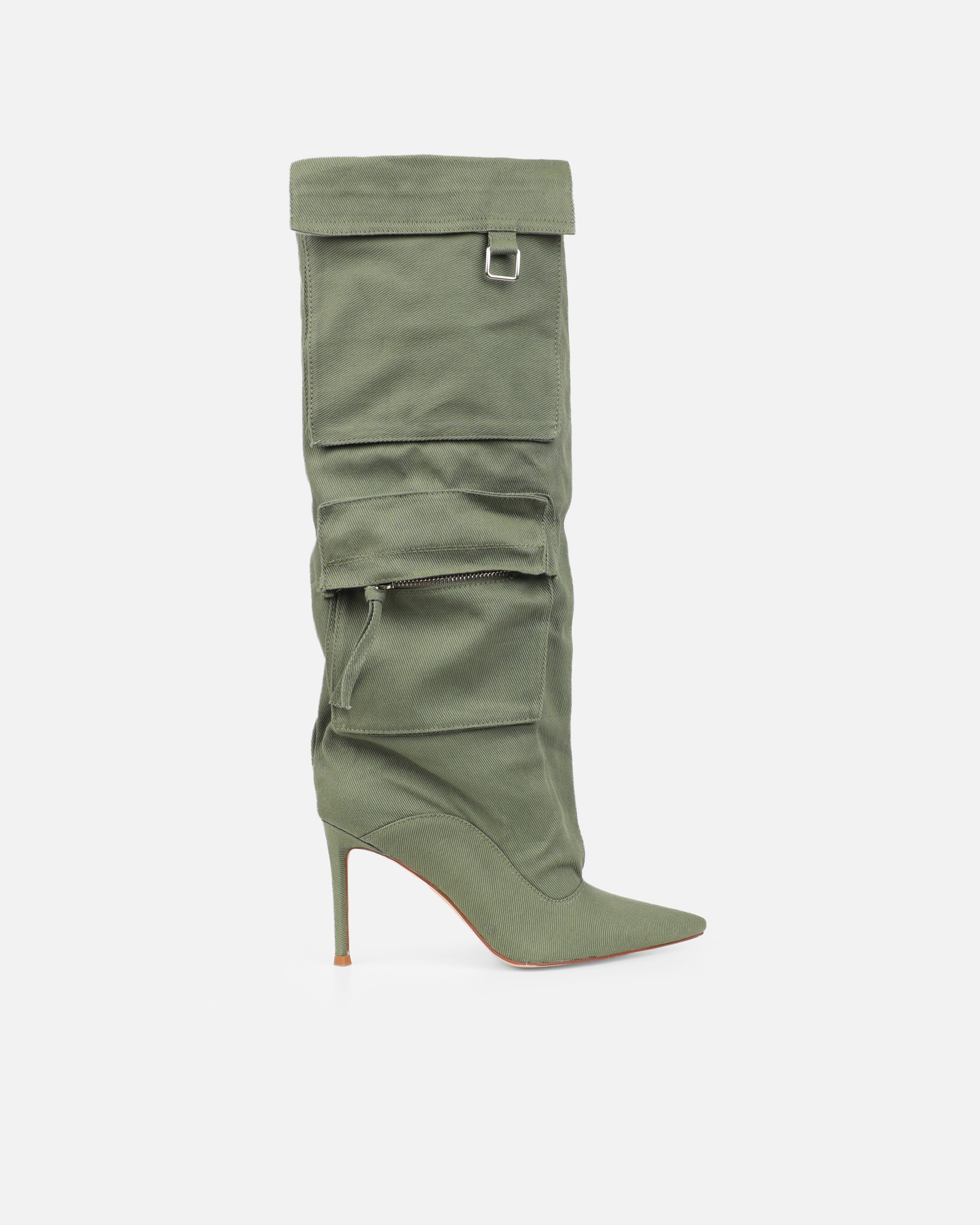 Stan Khaki Canvas Cargo Stiletto Boots | SIMMI London