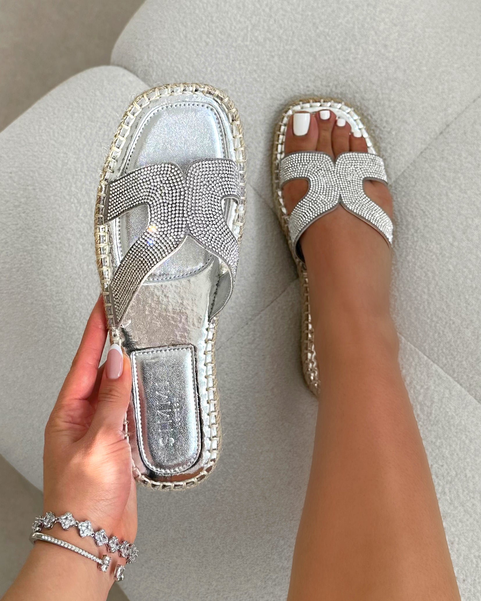 Sutton Silver Espadrille Slide Flat Sandals | SIMMI London