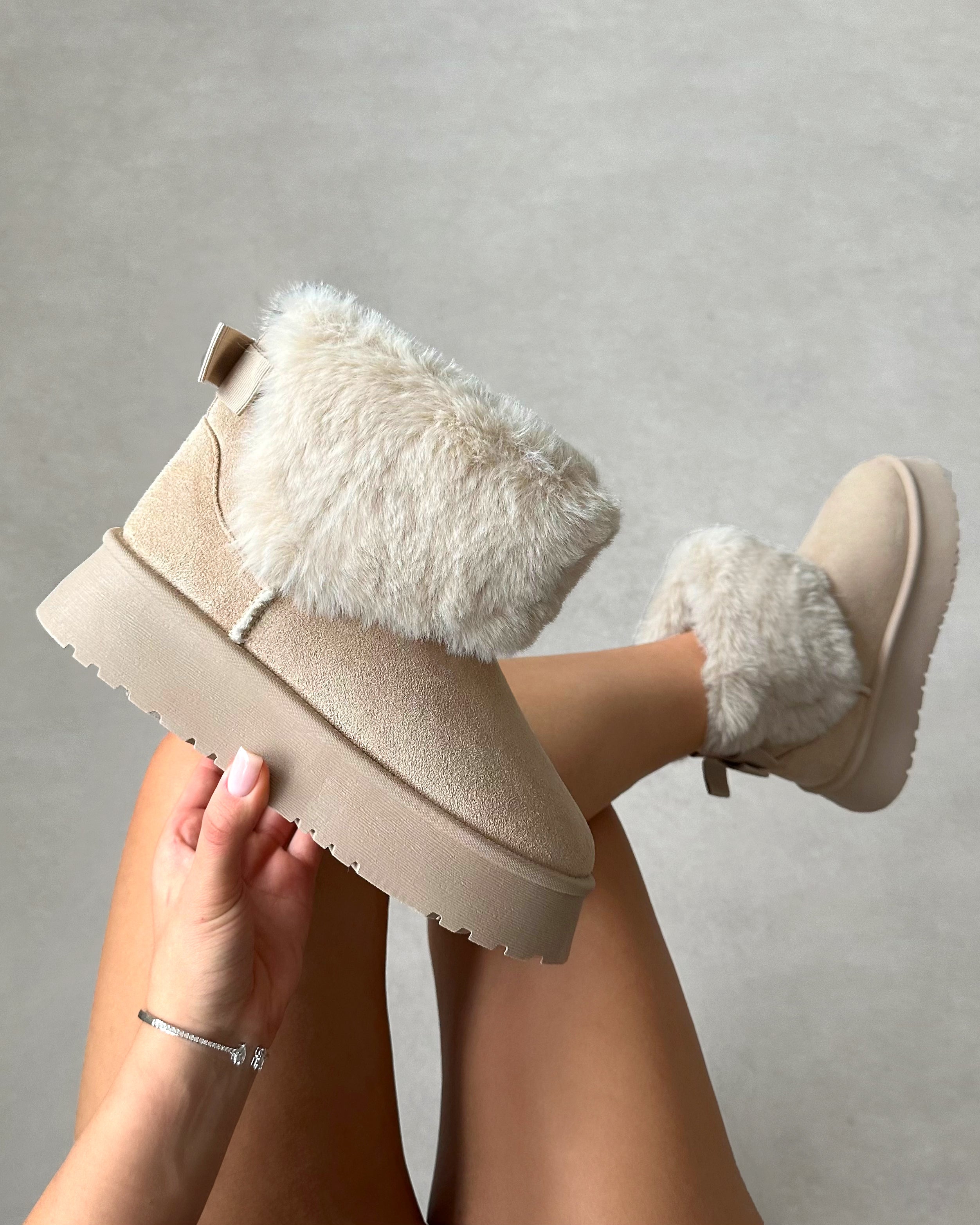 Tomiee Beige Faux Suede Fur Trimmed Ankle Boots | SIMMI London