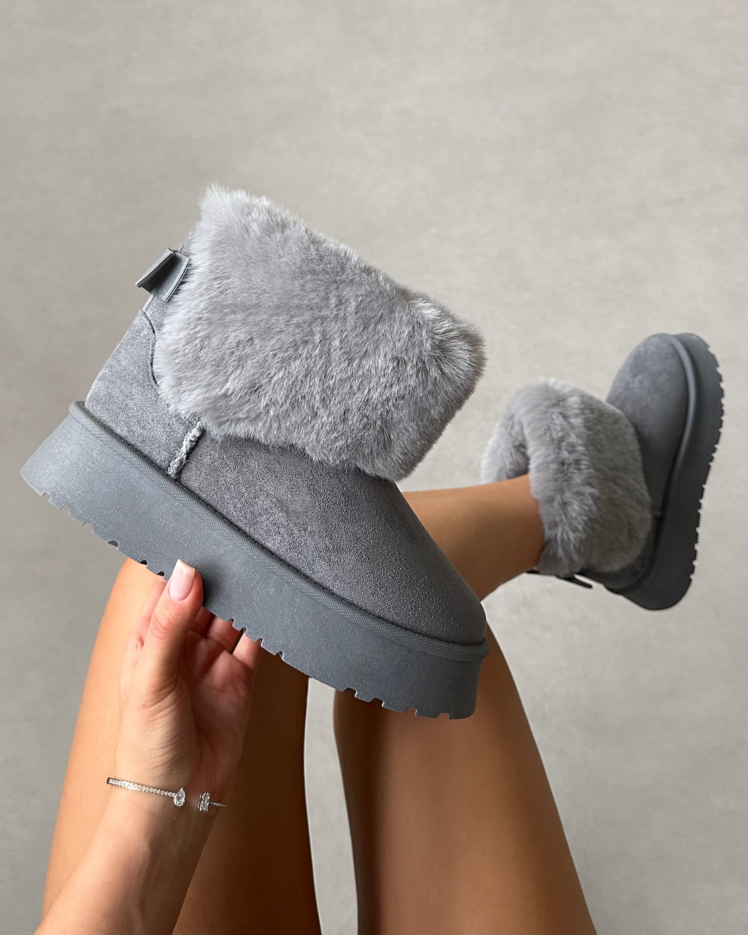 Tomiee Grey Faux Suede Fur Trimmed Ankle Boots | SIMMI London