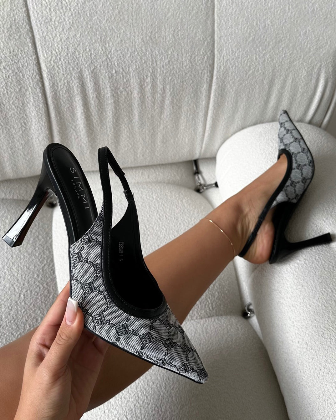 Tessah Grey Monogram Sling Back Court Shoes | Simmi London