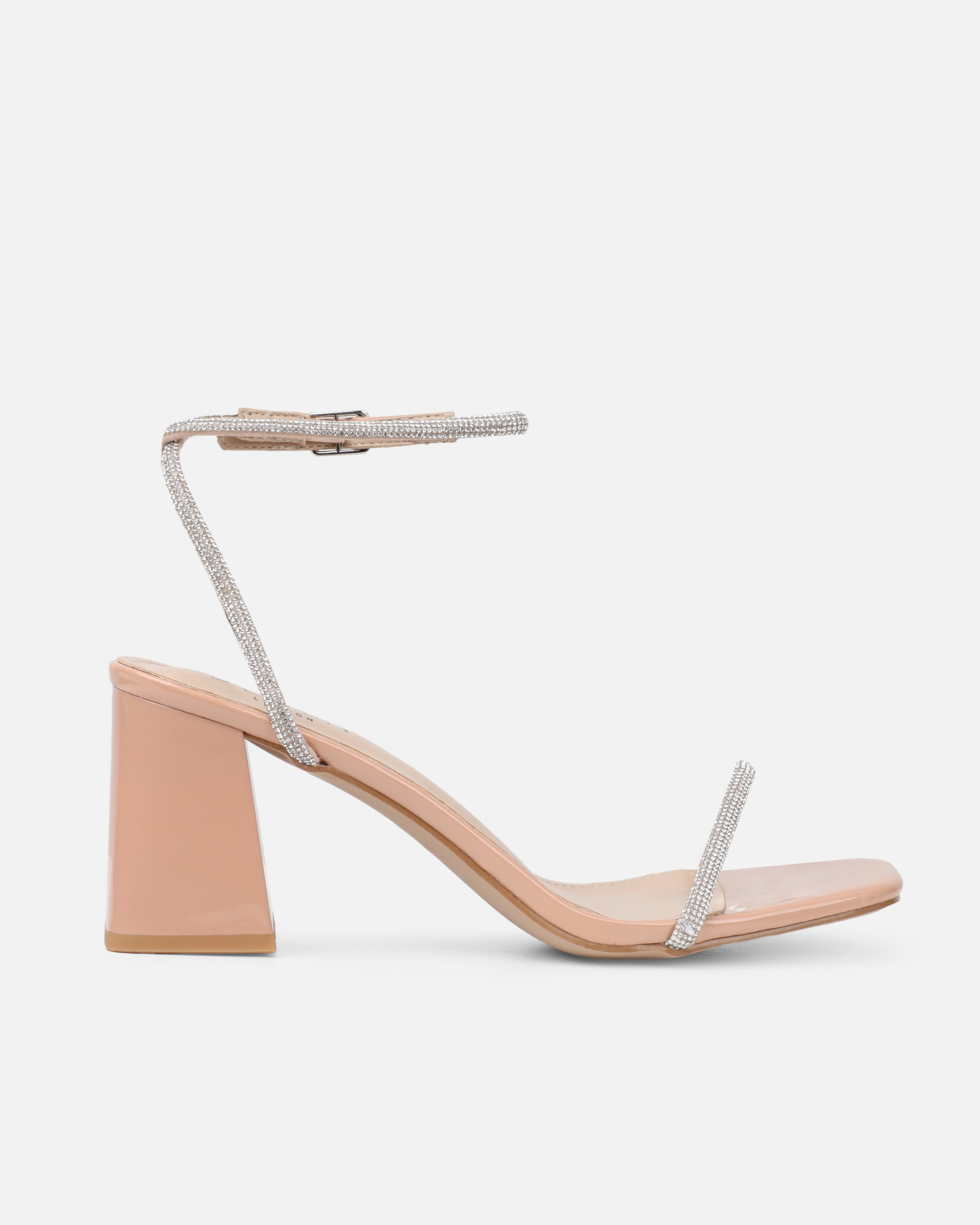 Ciel Nude Patent Diamante Low Block Heeled Sandals | SIMMI London