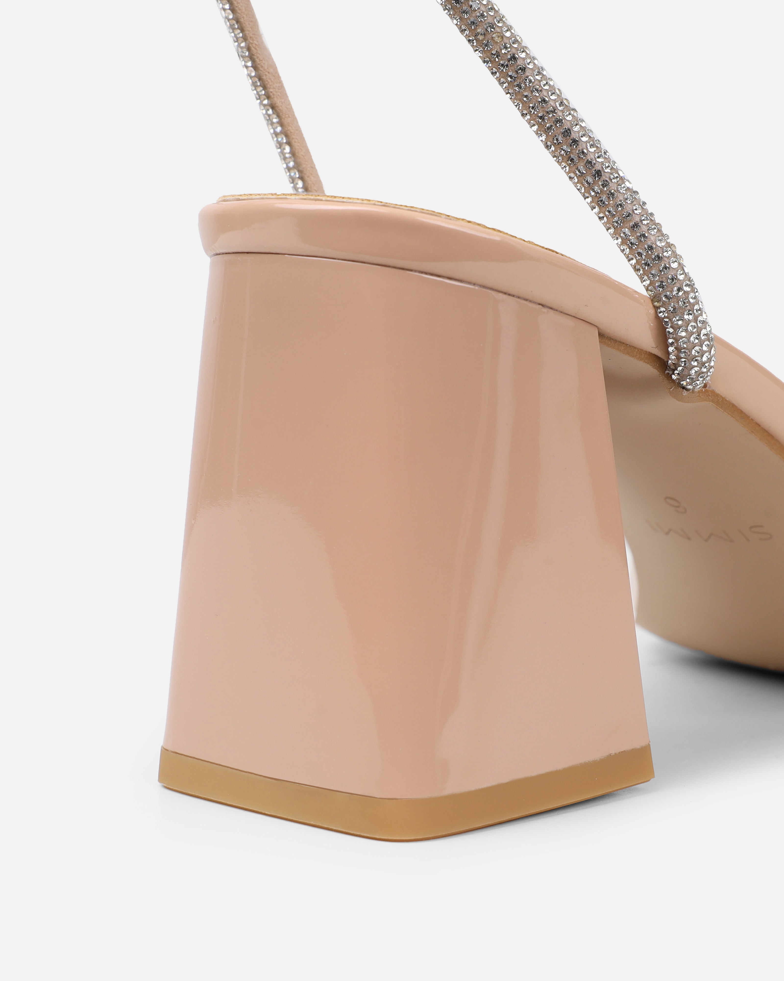 Ciel Nude Patent Diamante Low Block Heeled Sandals | SIMMI London