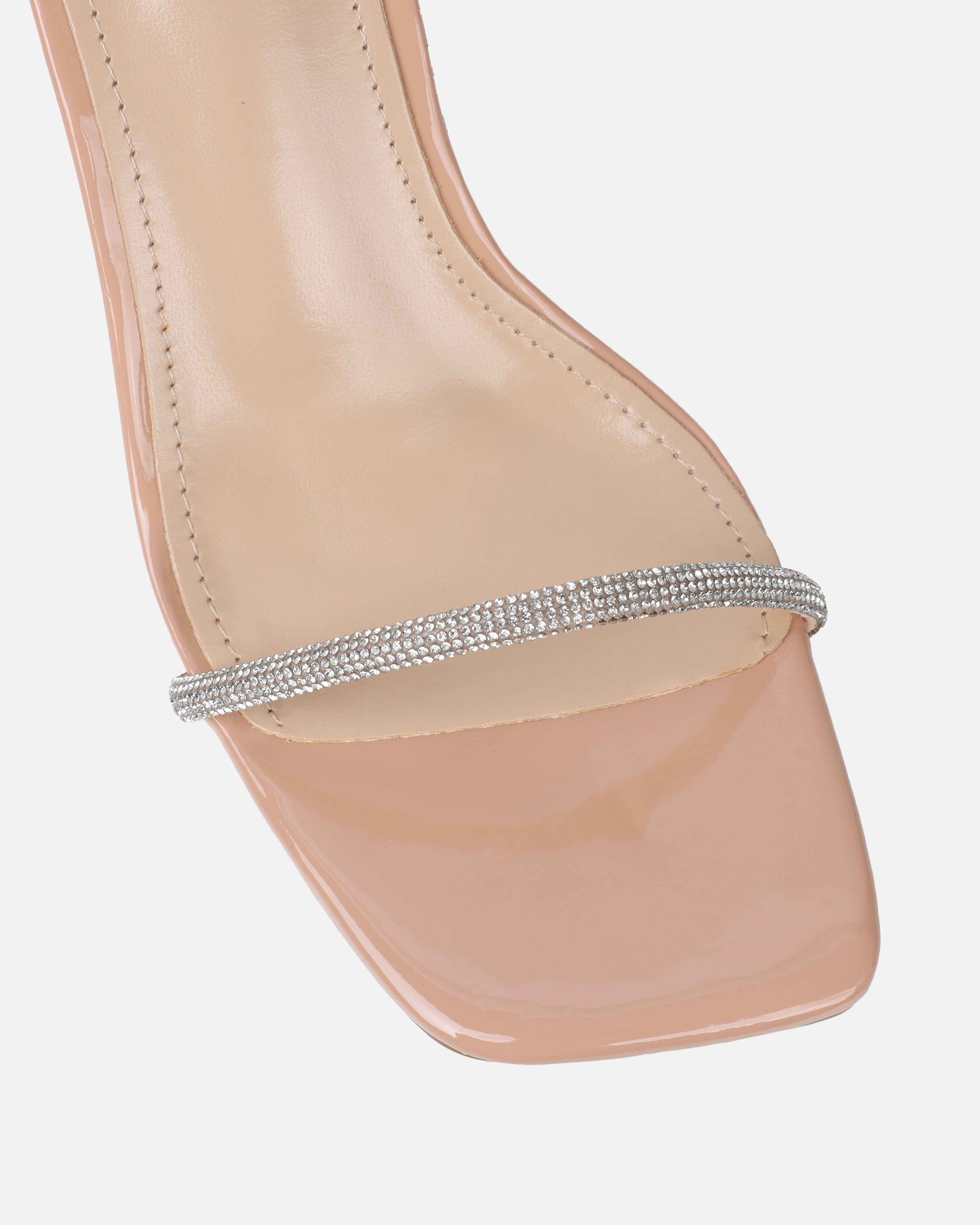 Ciel Nude Patent Diamante Low Block Heeled Sandals | SIMMI London