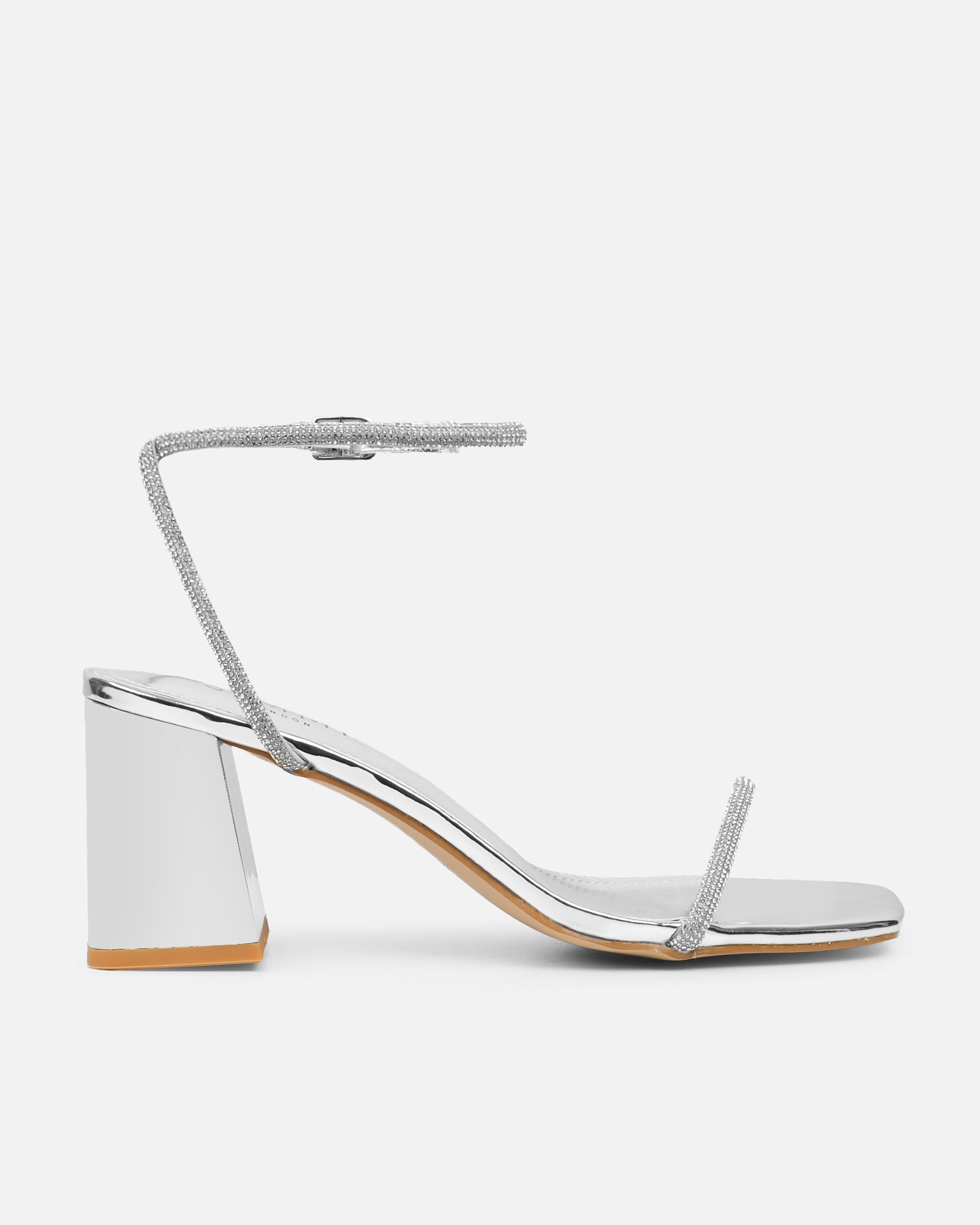 Ciel Silver Mirror Diamante Low Block Heeled Sandals | SIMMI London