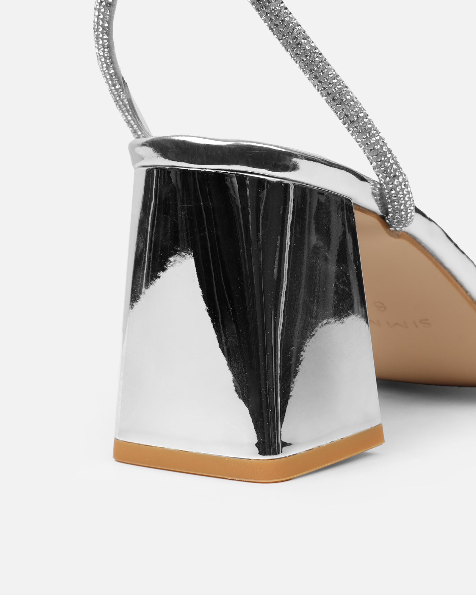 Ciel Silver Mirror Diamante Low Block Heeled Sandals | SIMMI London