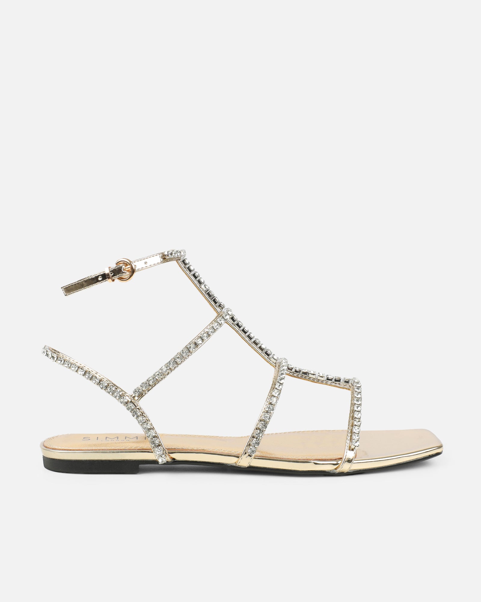 Trinitay Gold Mirror Flat Diamante Sandals | SIMMI London