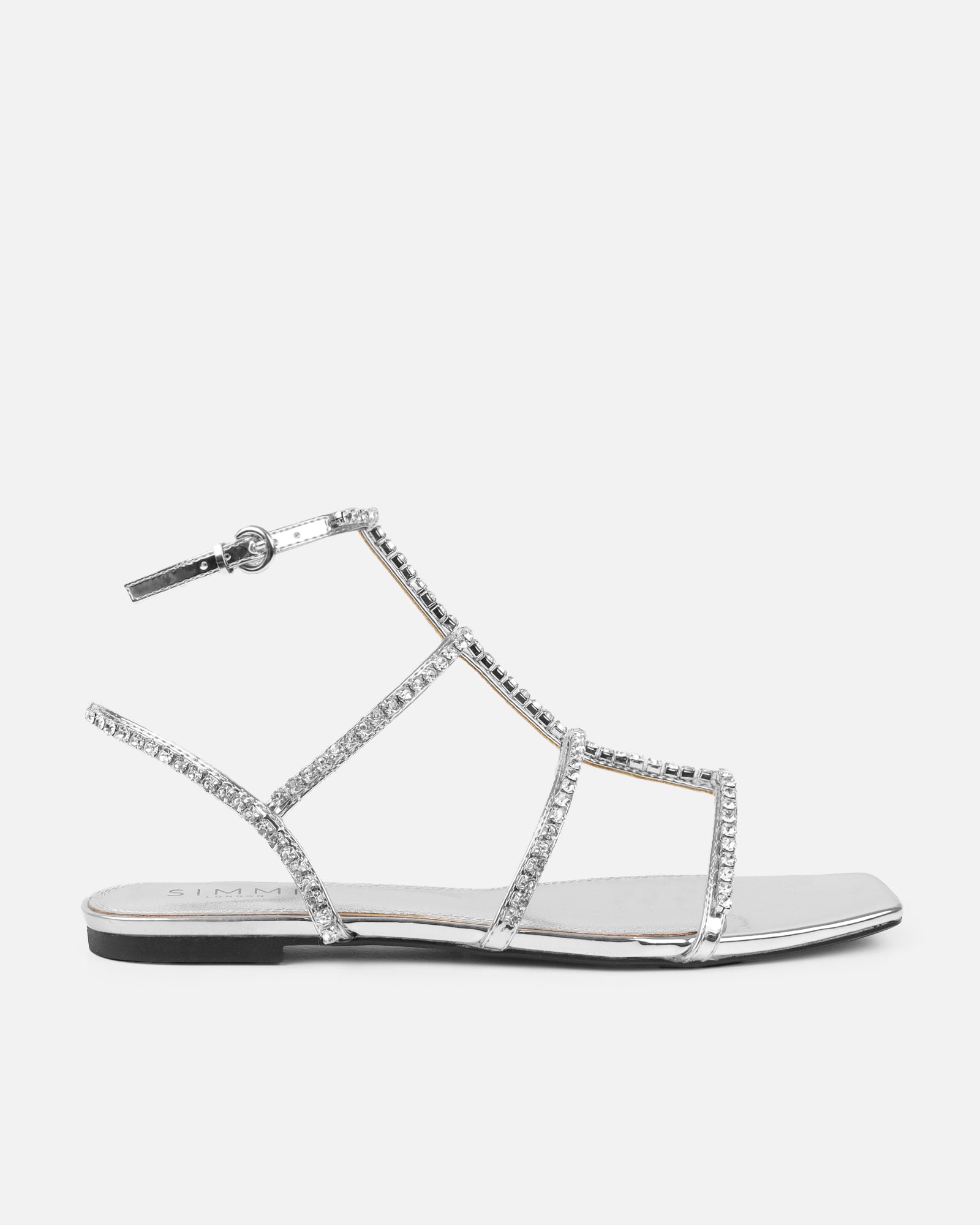 Trinitay silver mirror flat diamante sandals | SIMMI London