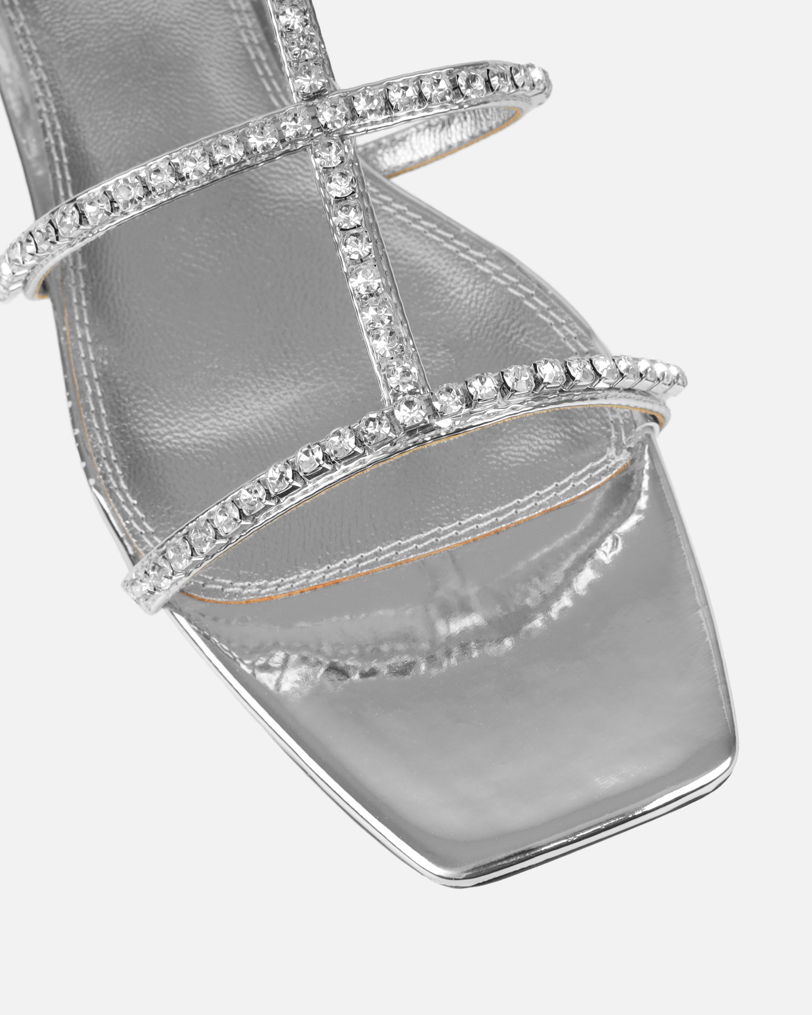 Trinitay silver mirror flat diamante sandals | SIMMI London