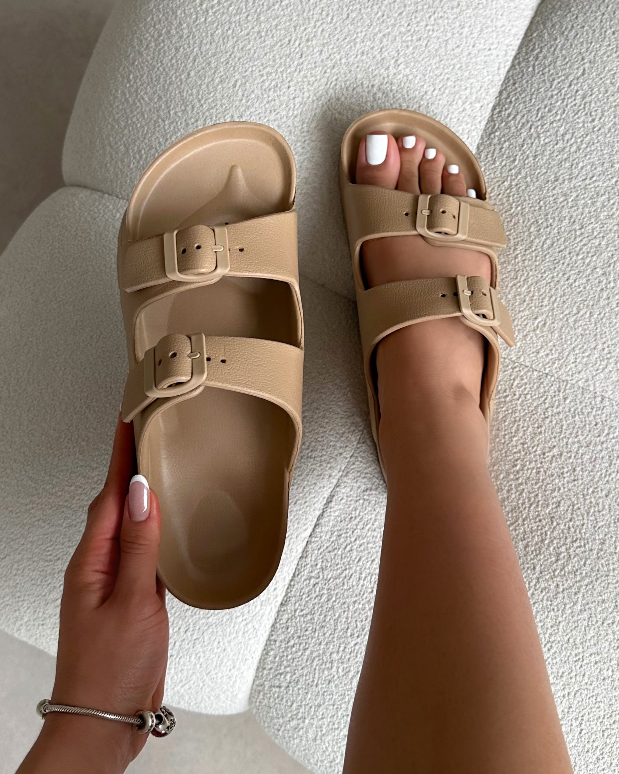 Tropix Mocha Double Strap Slide Sandals | SIMMI London