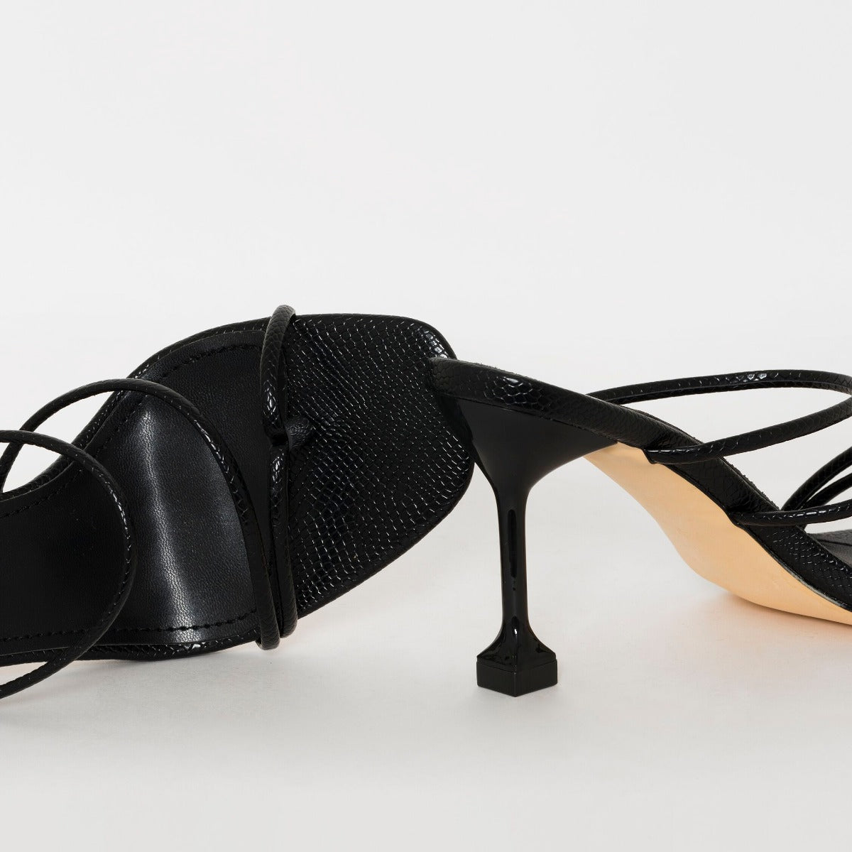 SIMMI SHOES / JADA WIDE FIT BLACK SNAKE PRINT STRAPPY MIDI HEEL MULES