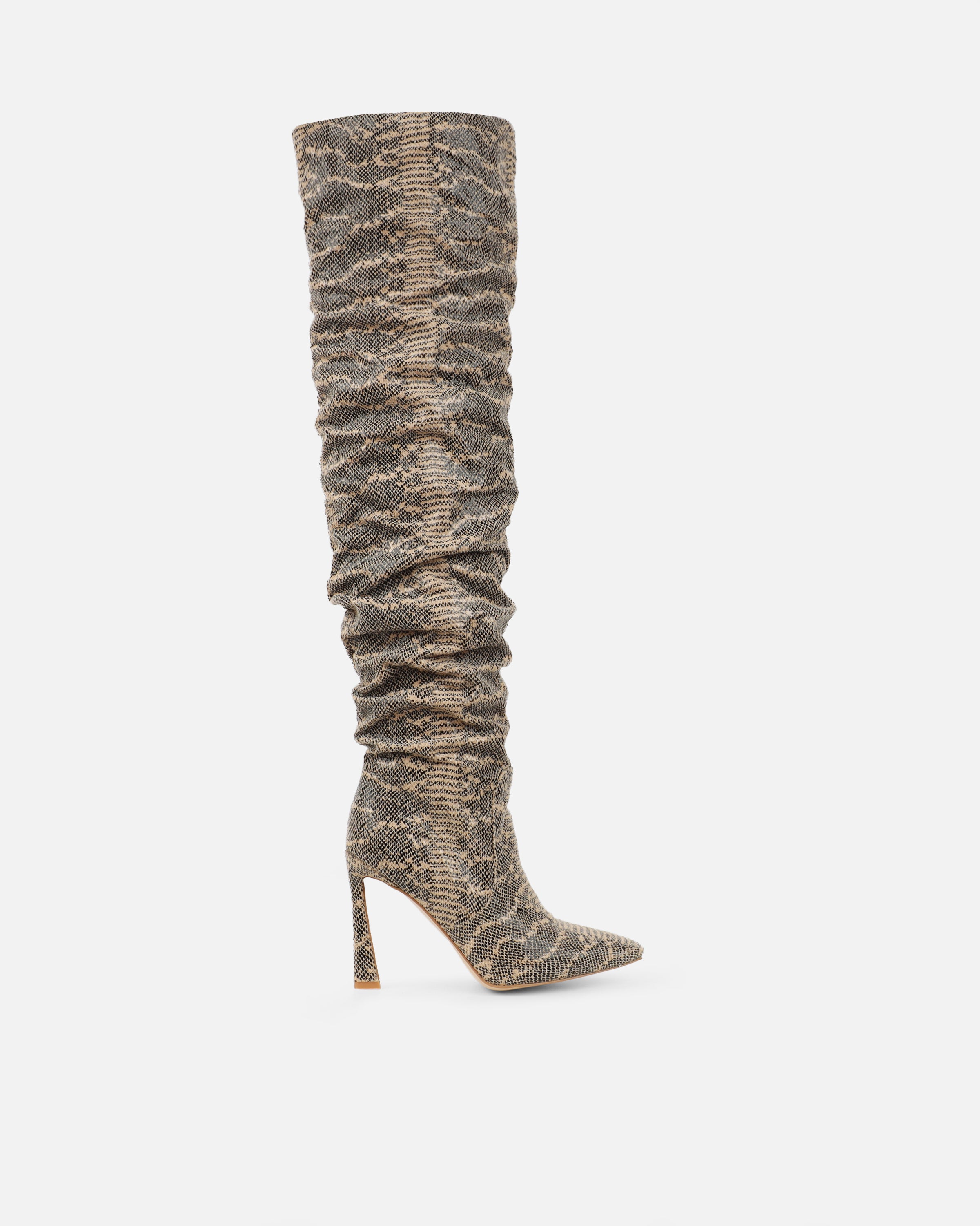 Usher Beige Snake Slouch High Heeled Over The Knee Boots | SIMMI London