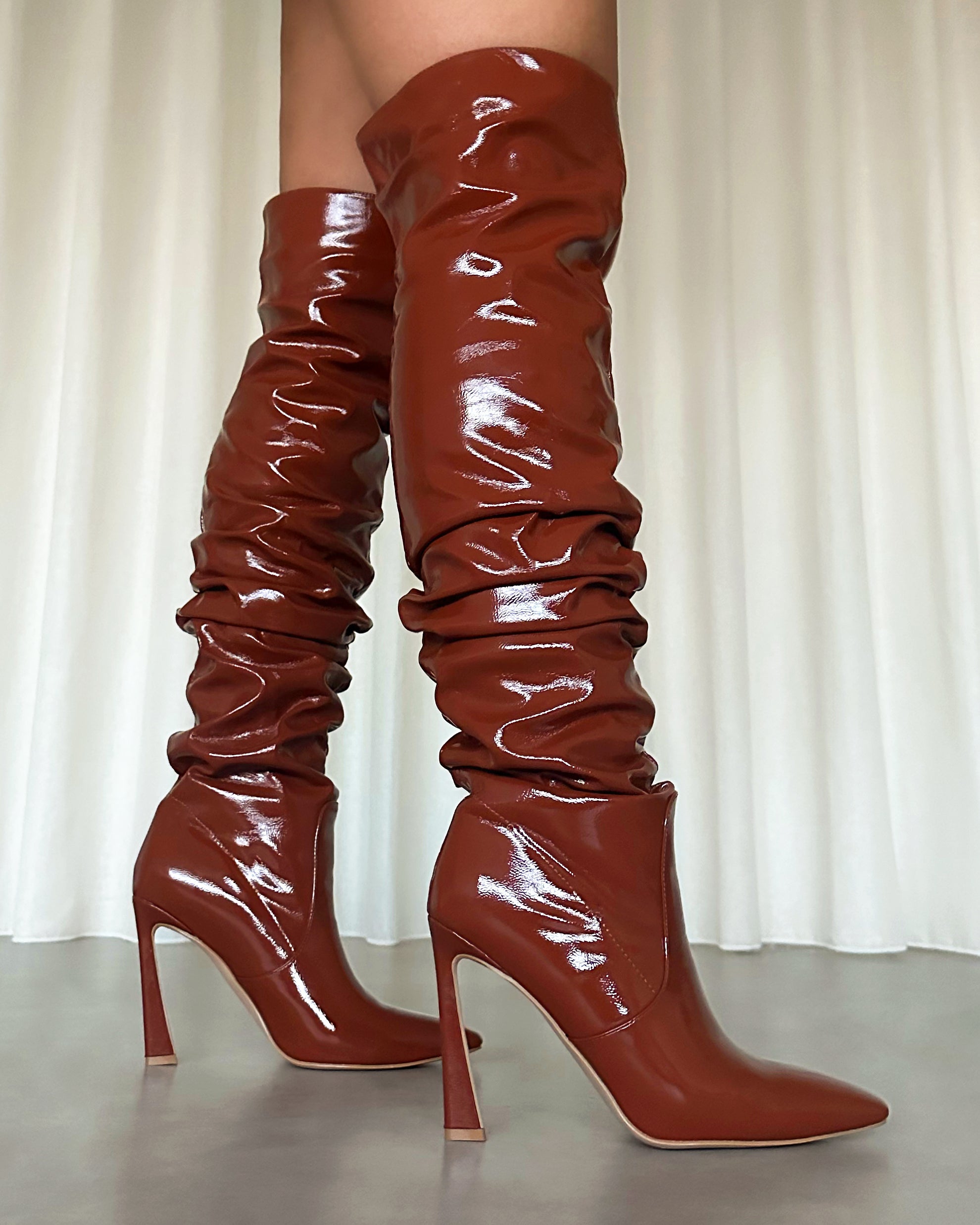 Usher Tan Patent Slouch High Heeled Over The Knee Boots | SIMMI London