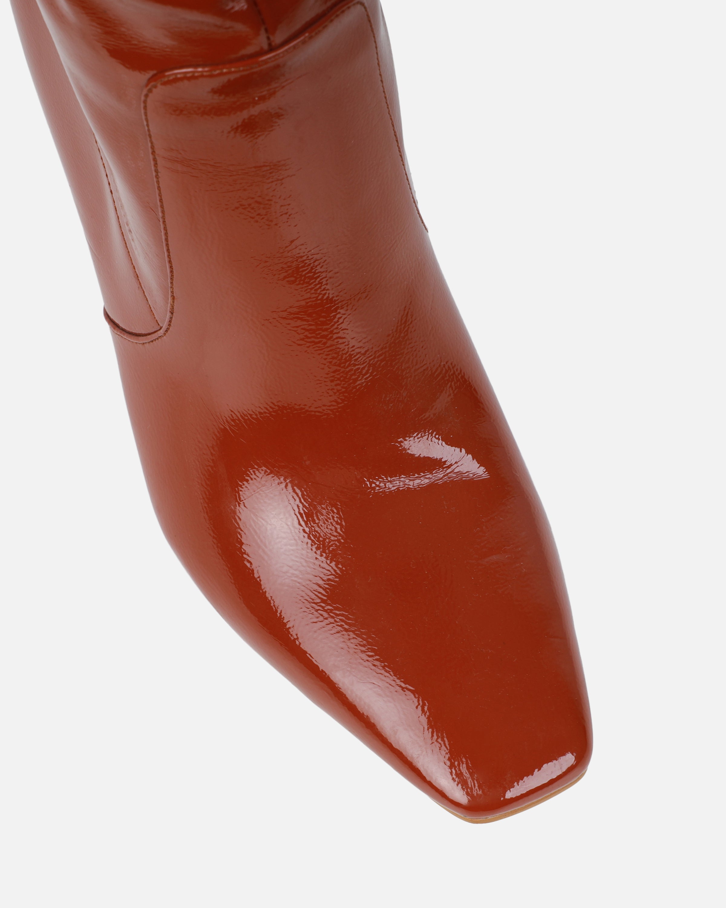 Usher Tan Patent Slouch High Heeled Over The Knee Boots | SIMMI London