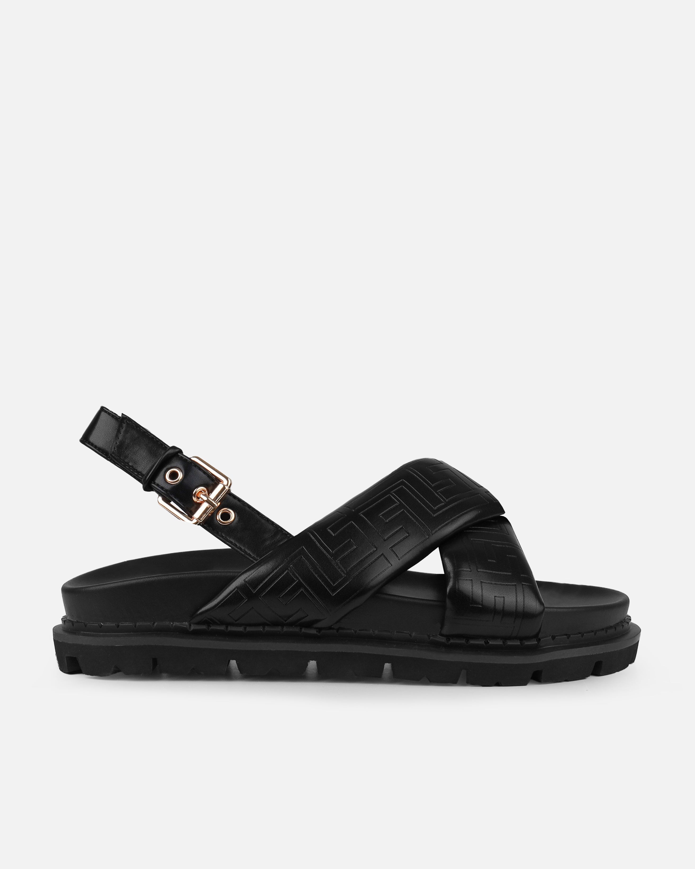 Vaia Black Embossed Cross Over Flat Sandals | SIMMI London