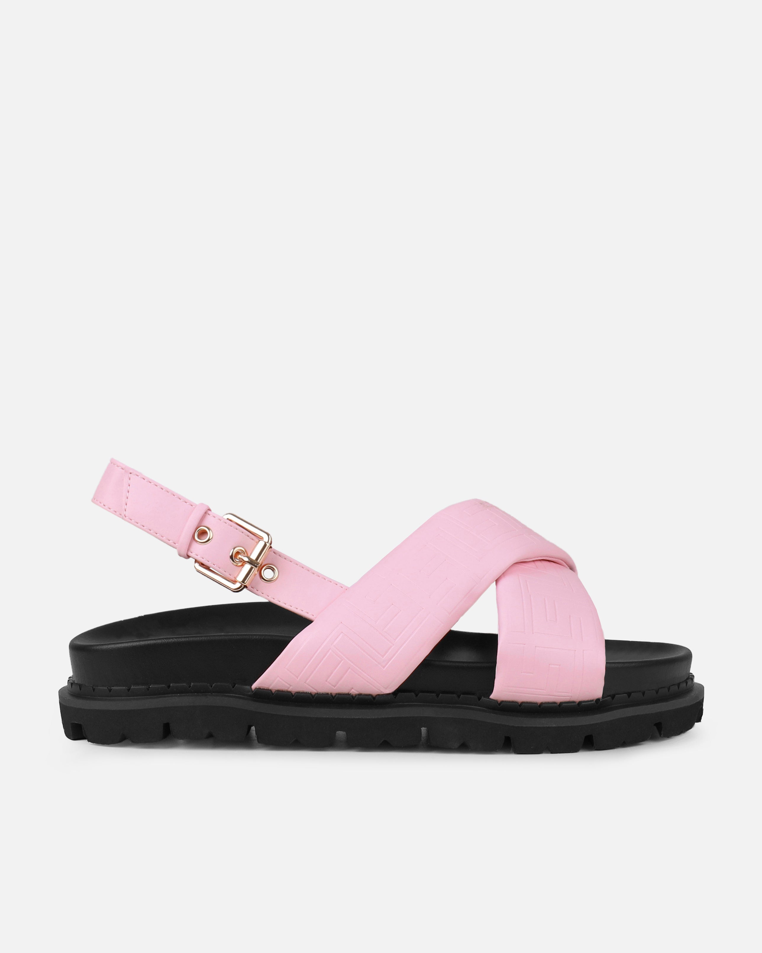 Vaia Pink Embossed Cross Over Flat Sandals | SIMMI London
