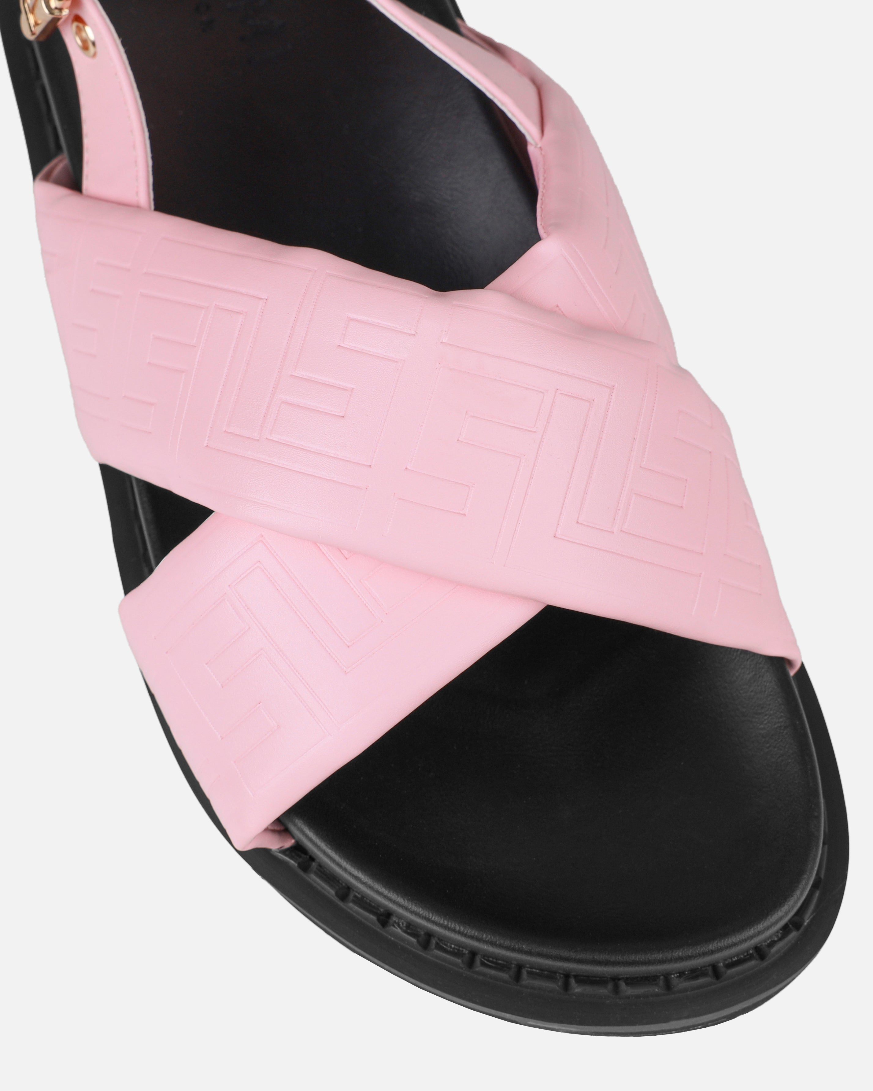 Vaia Pink Embossed Cross Over Flat Sandals | SIMMI London