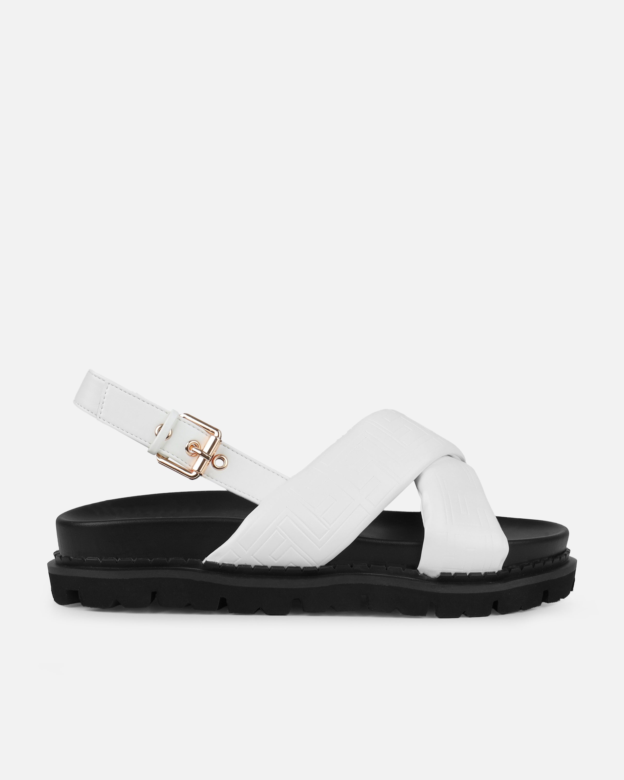 Vaia White Embossed Cross Over Flat Sandals | SIMMI London