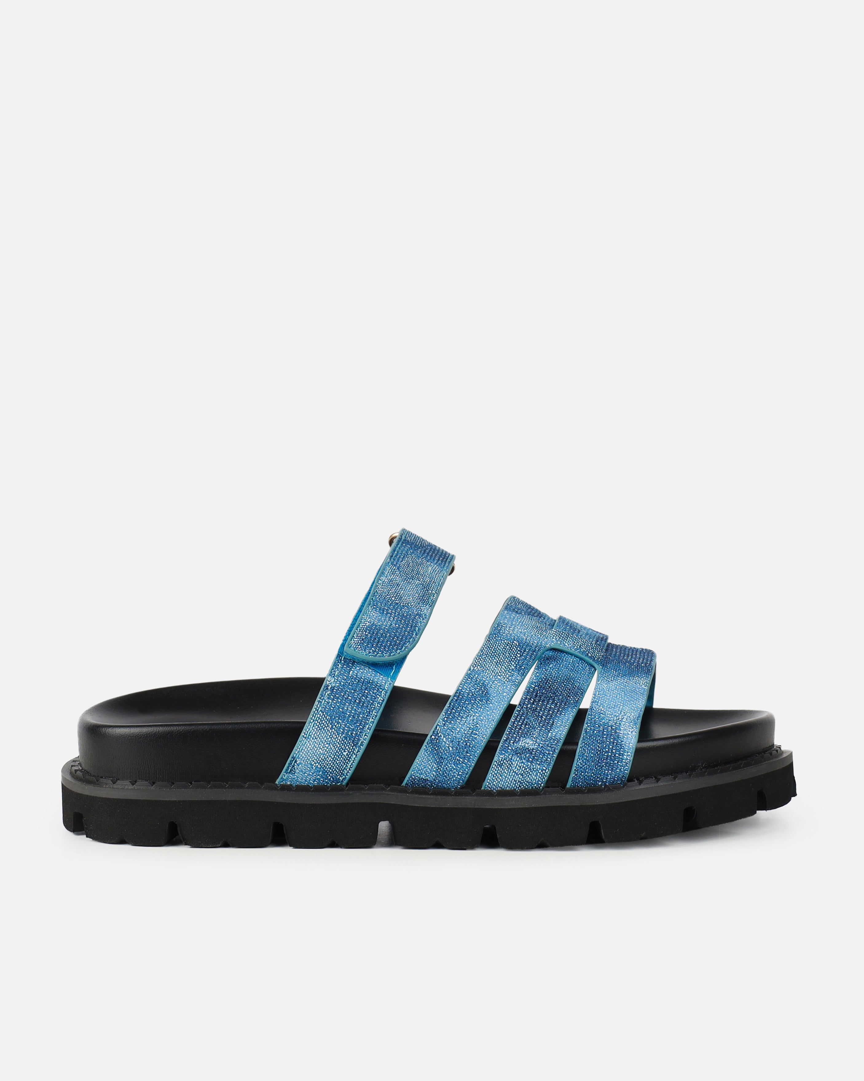 Adelle Denim Chunky Velcro Strap Flat Sandals | SIMMI London