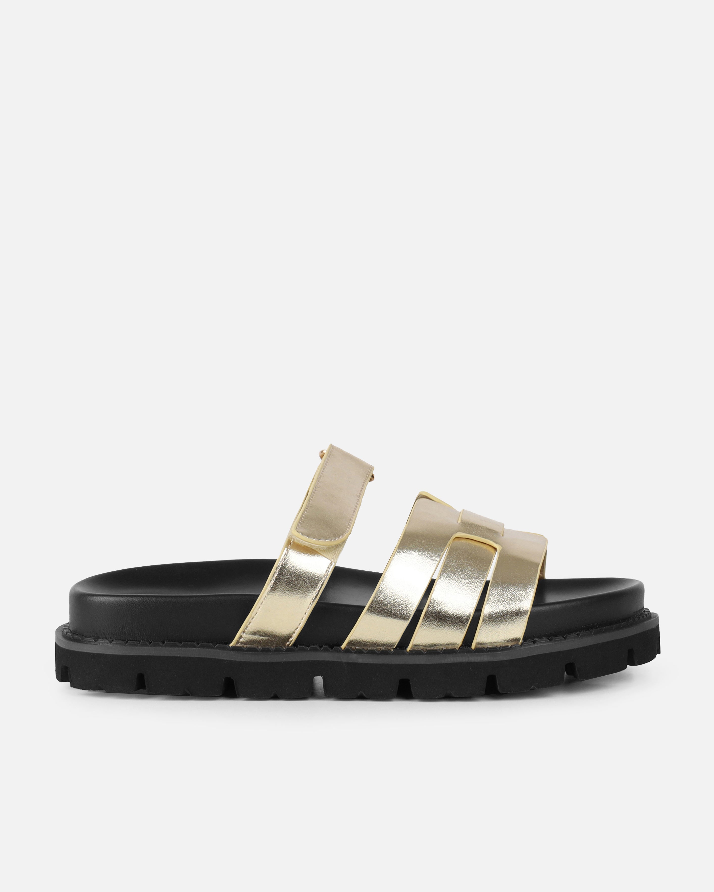 Adelle Gold Chunky Velcro Strap Flat Sandals | SIMMI London