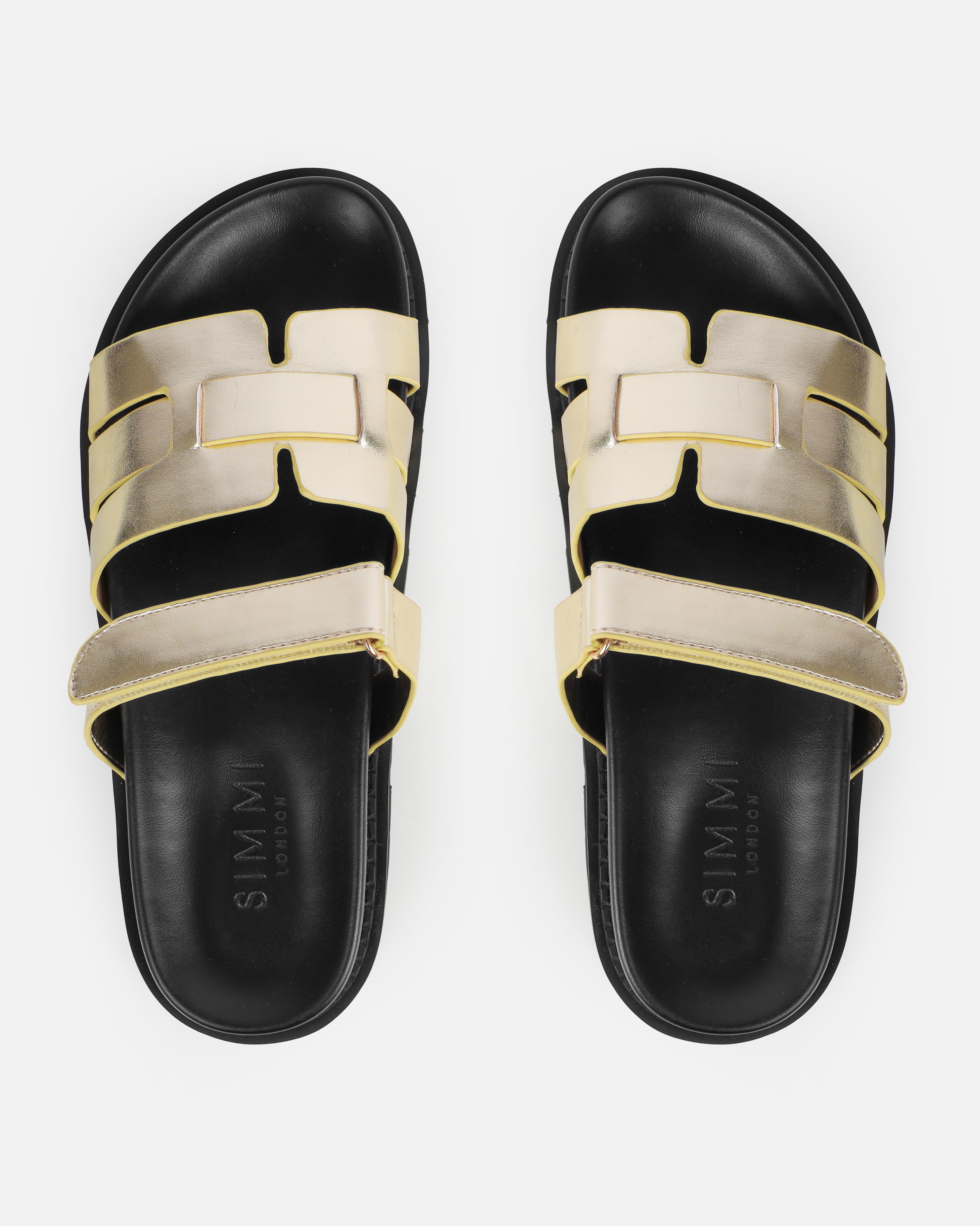 Adelle Gold Chunky Velcro Strap Flat Sandals | SIMMI London