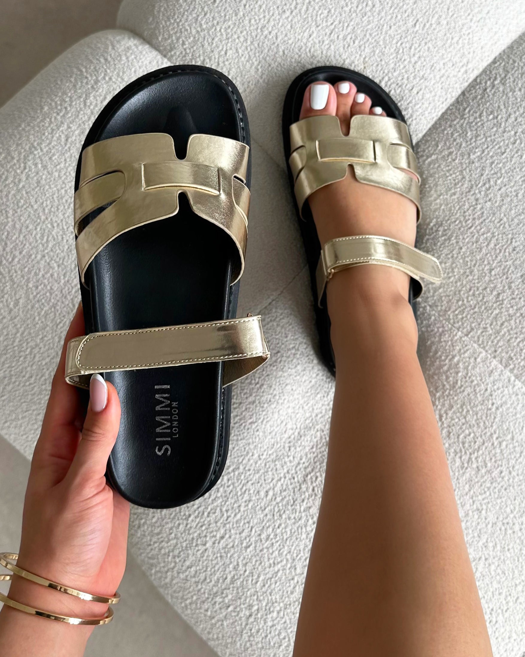 Adelle gold shiny metallic chunky footbed slides | SIMMI London