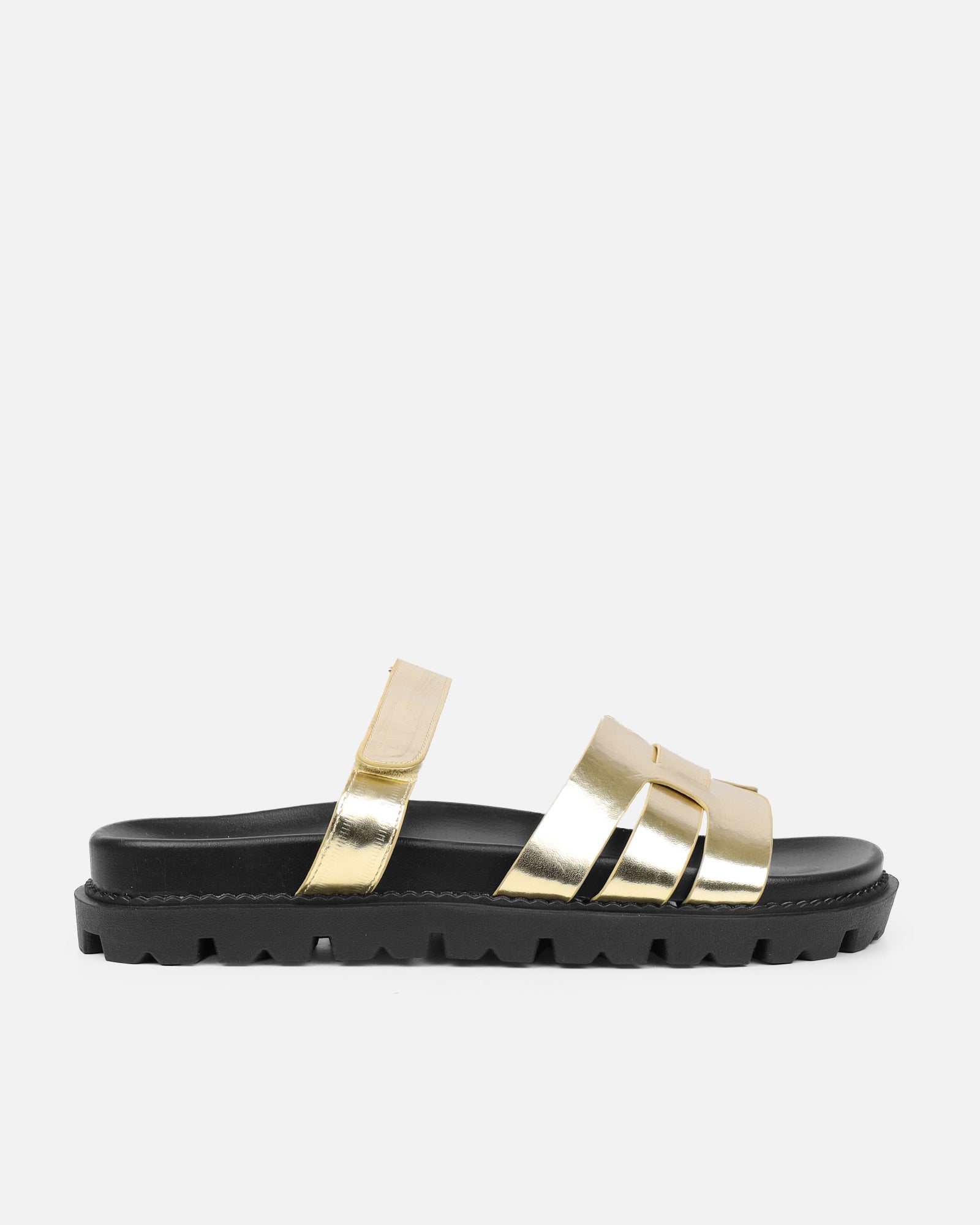 Adelle gold shiny metallic chunky footbed slides | SIMMI London