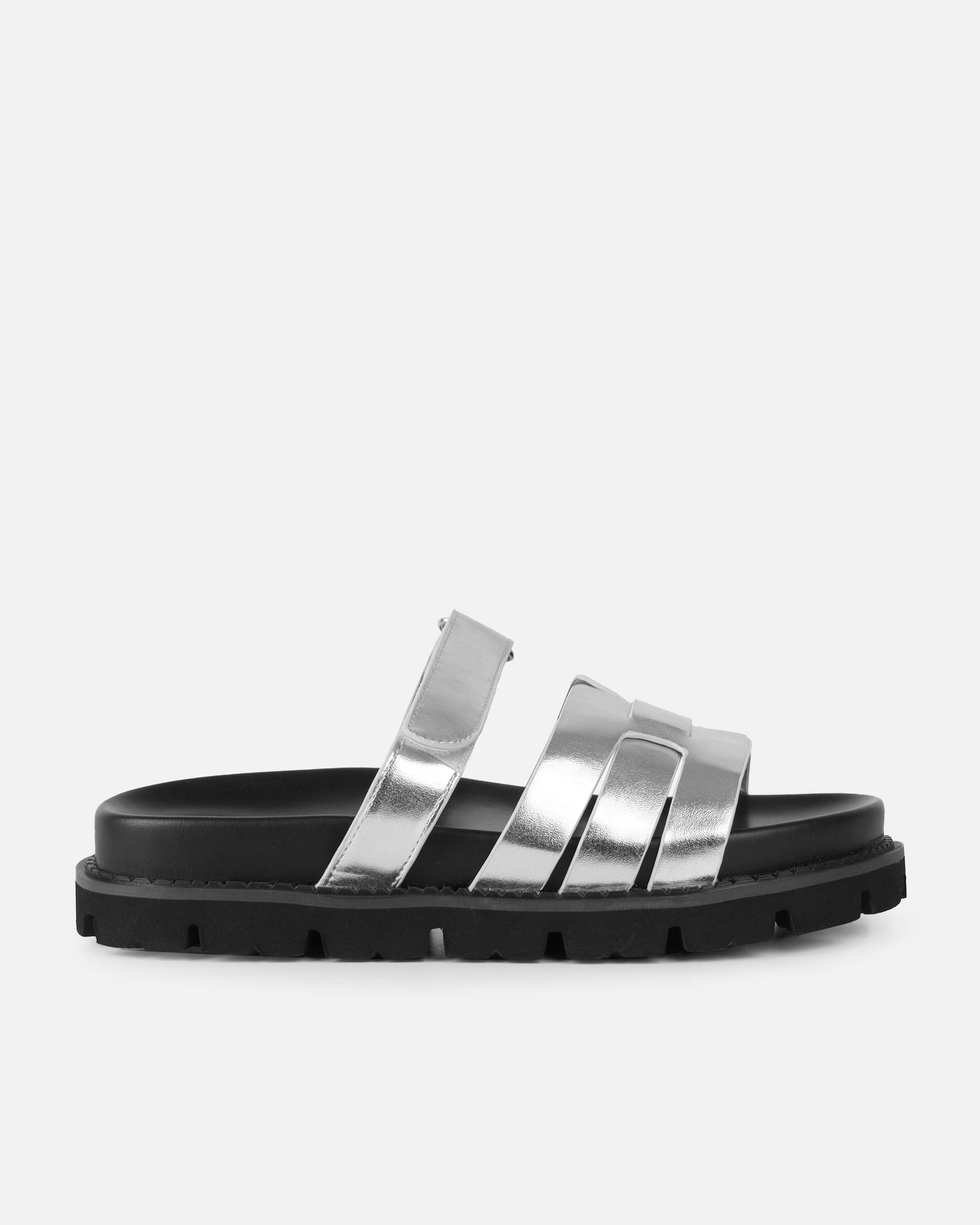 Adelle Silver Chunky Velcro Strap Flat Sandals | SIMMI London