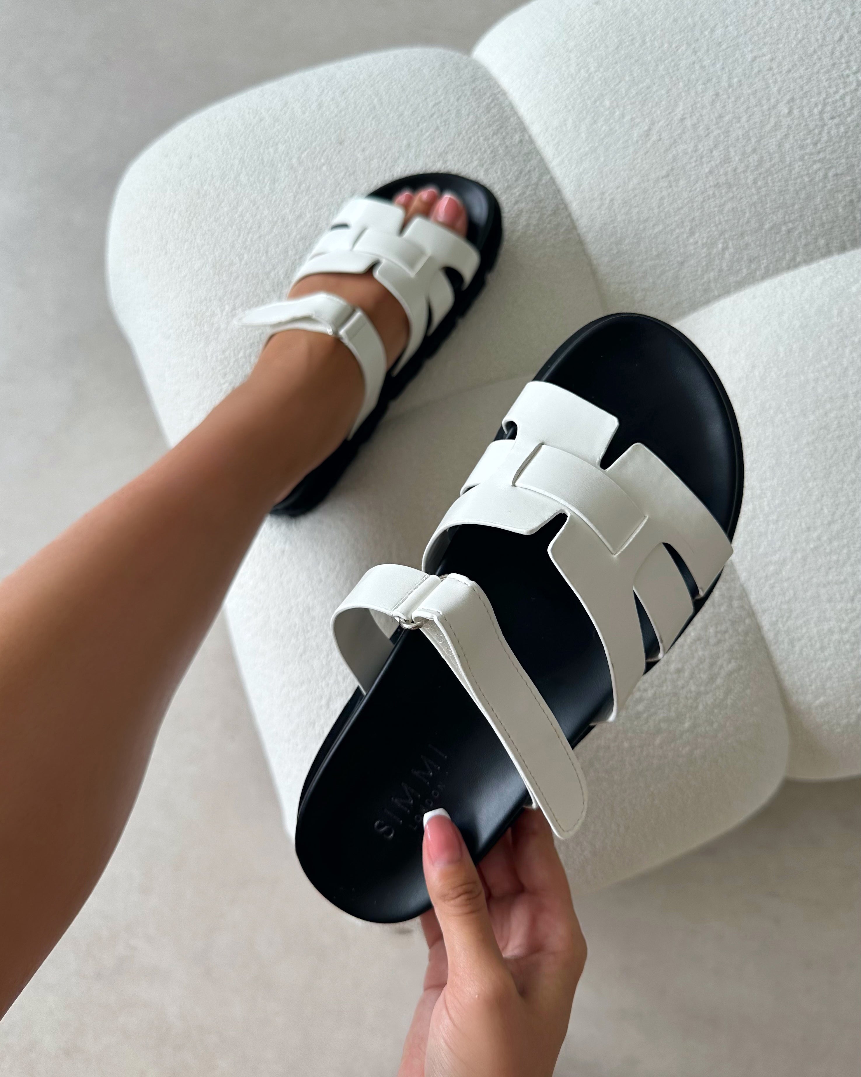 Adelle White Chunky Velcro Strap Flat Sandals | SIMMI London