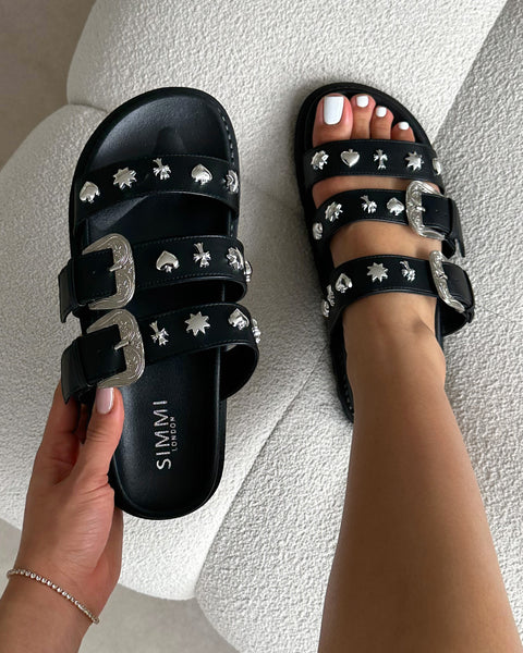 Edda Black Western Chunky Slide Sandals | SIMMI London