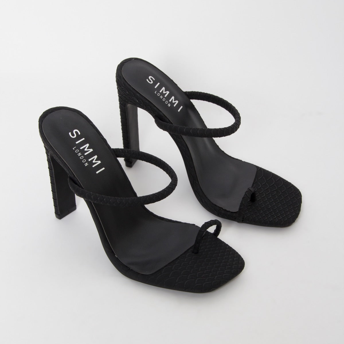 Cyan Black Snake Toe Loop Slim Block Heels