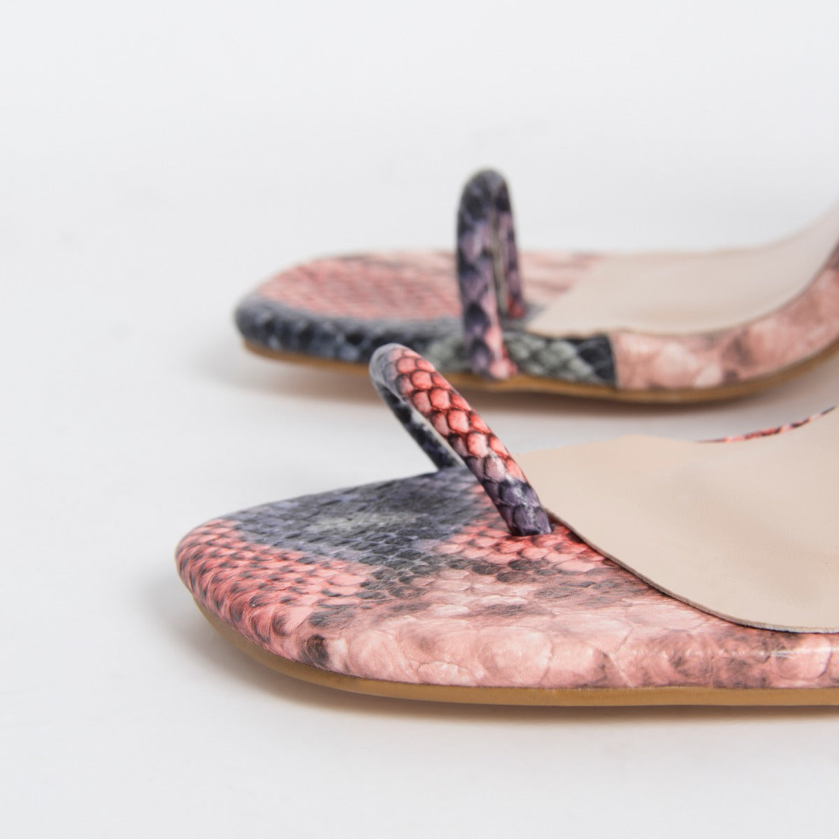 Cyan Pink Snake Toe Loop Slim Block Heels