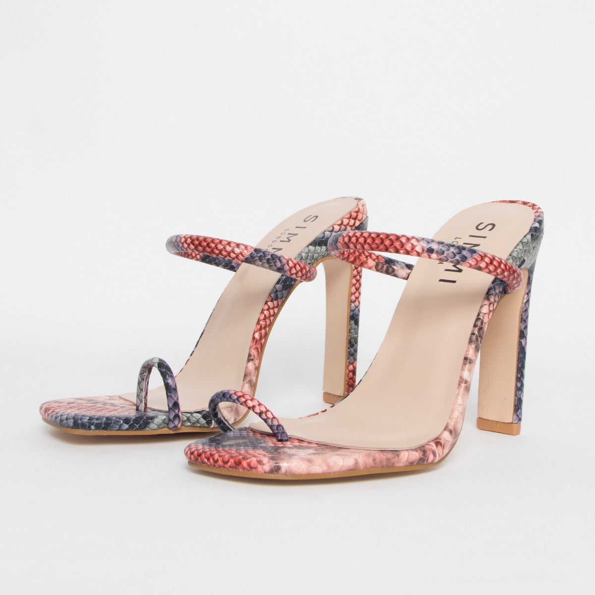 Cyan Pink Snake Toe Loop Slim Block Heels