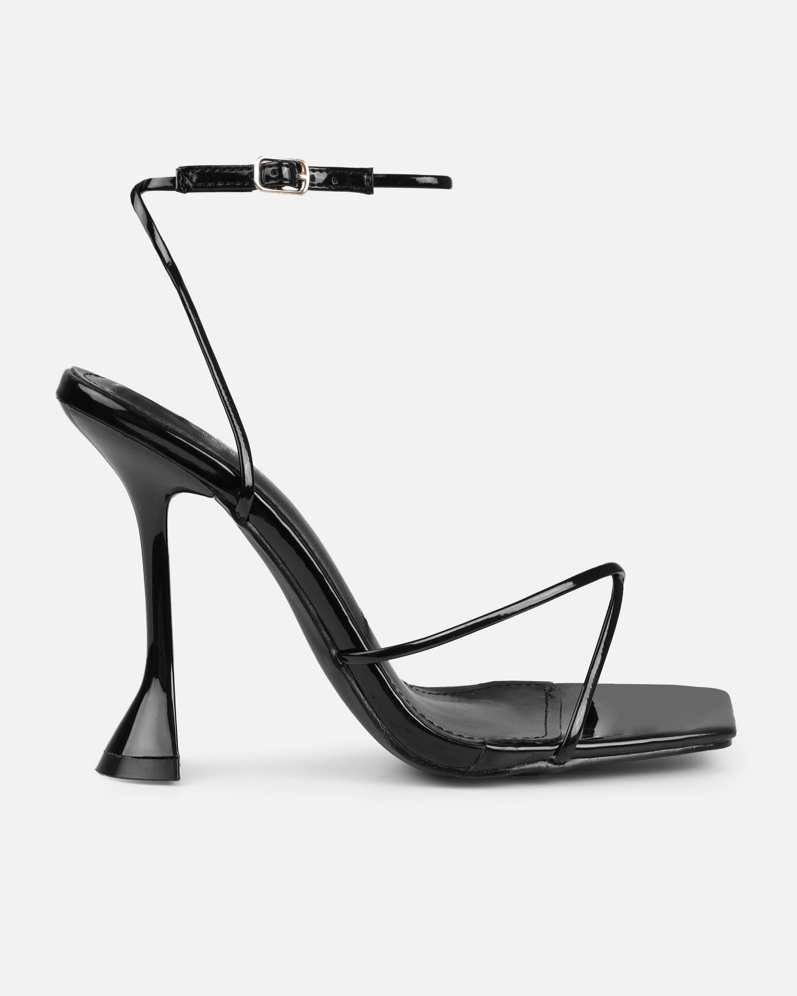 Tasha Ghouri Darii Black Patent Flared Stiletto Heels | SIMMI London