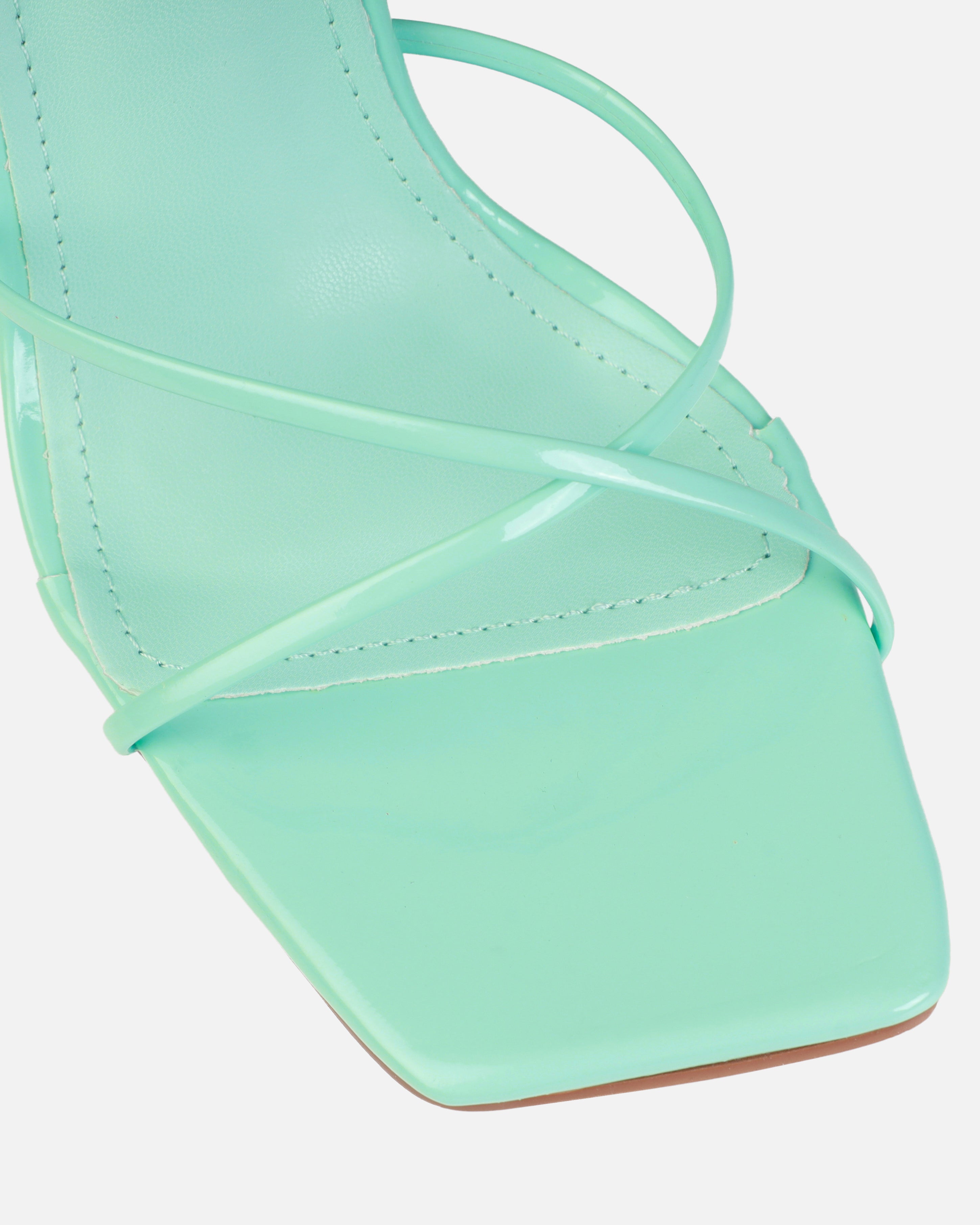 Tasha Ghouri Darii Blue Patent Flared Stiletto Heels | SIMMI London