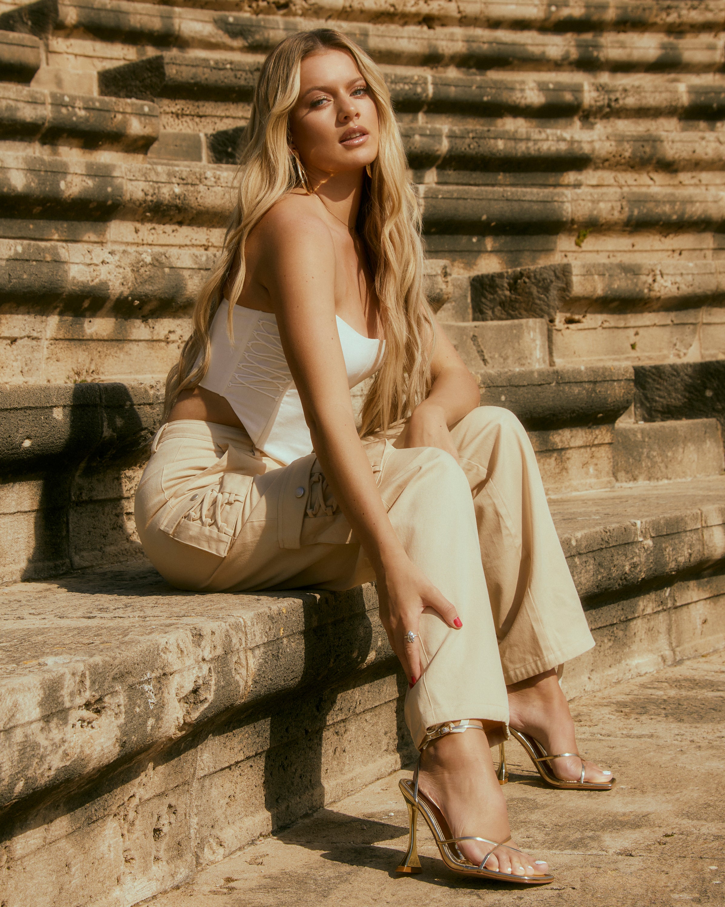 Tasha Ghouri Darii Gold Patent Flared Stiletto Heels | SIMMI London