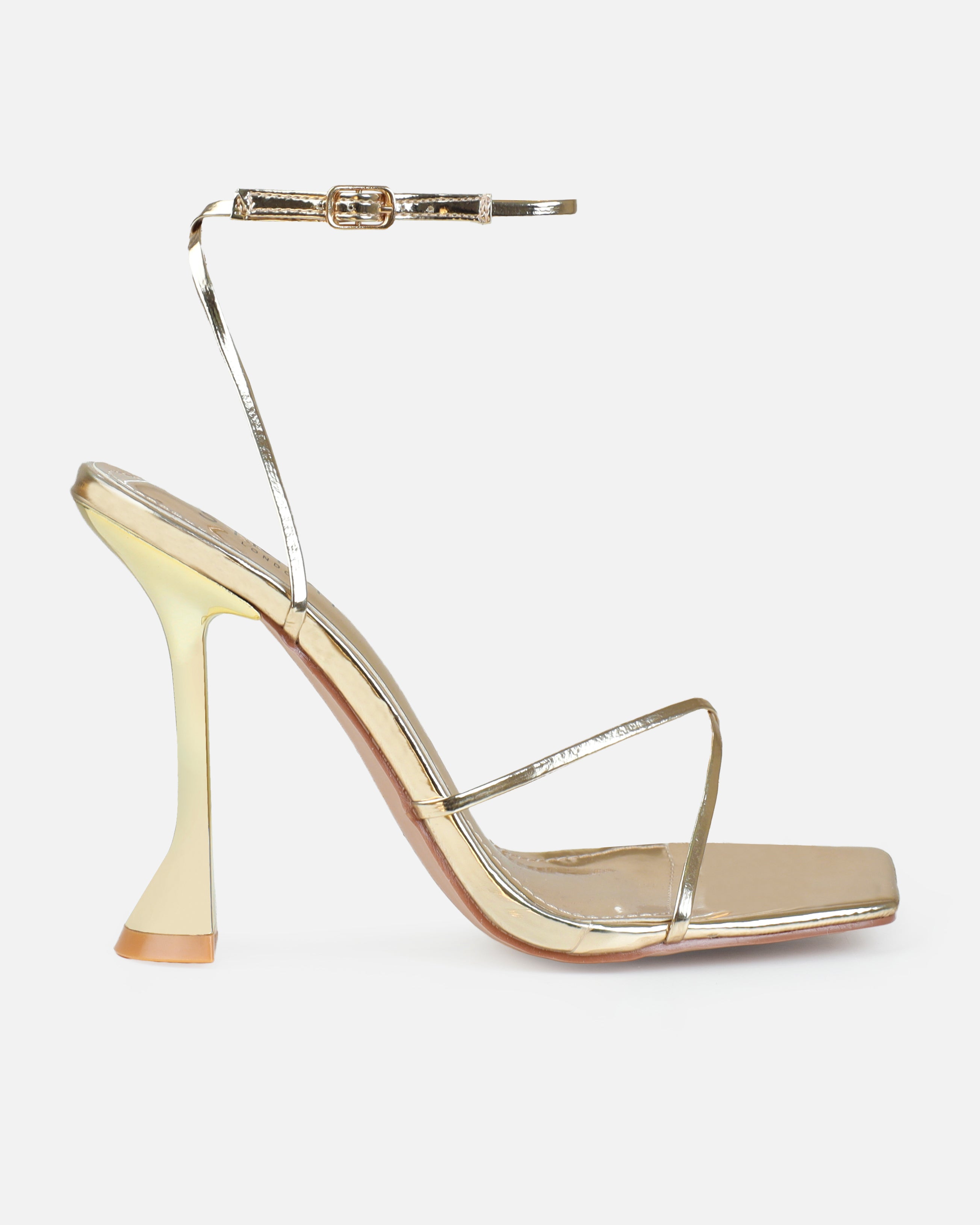 Tasha Ghouri Darii Gold Patent Flared Stiletto Heels | SIMMI London