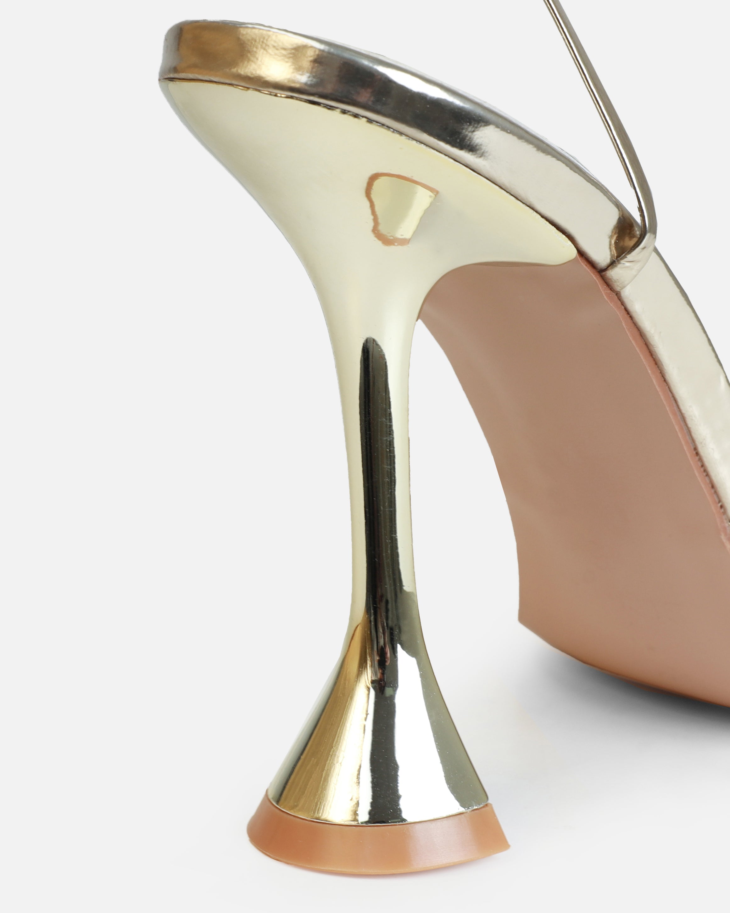 Tasha Ghouri Darii Gold Patent Flared Stiletto Heels | SIMMI London